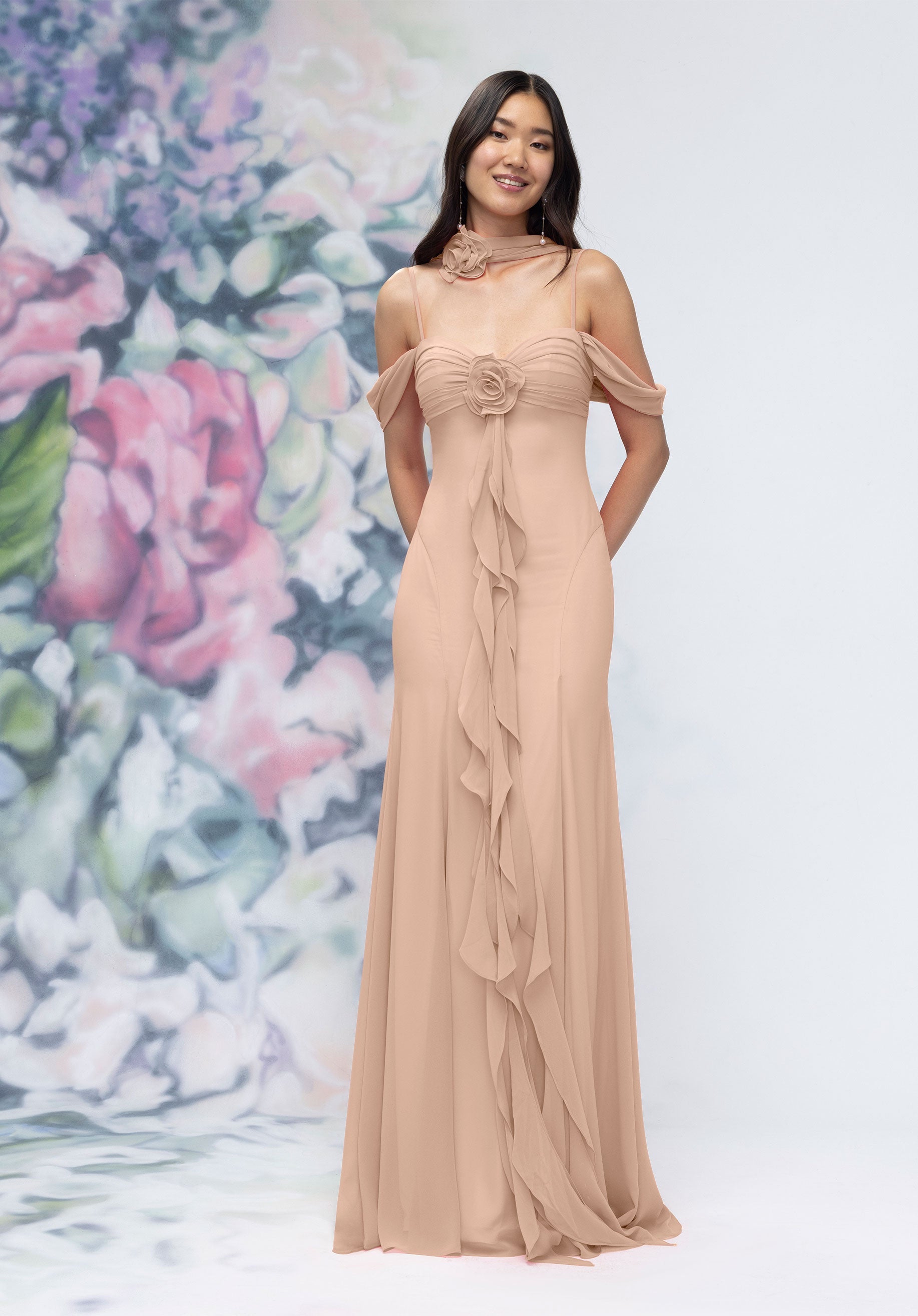 Formal Dresses Floral Formal Long Ruffle Dress Latte-Chiffon-3030000-Ruffle