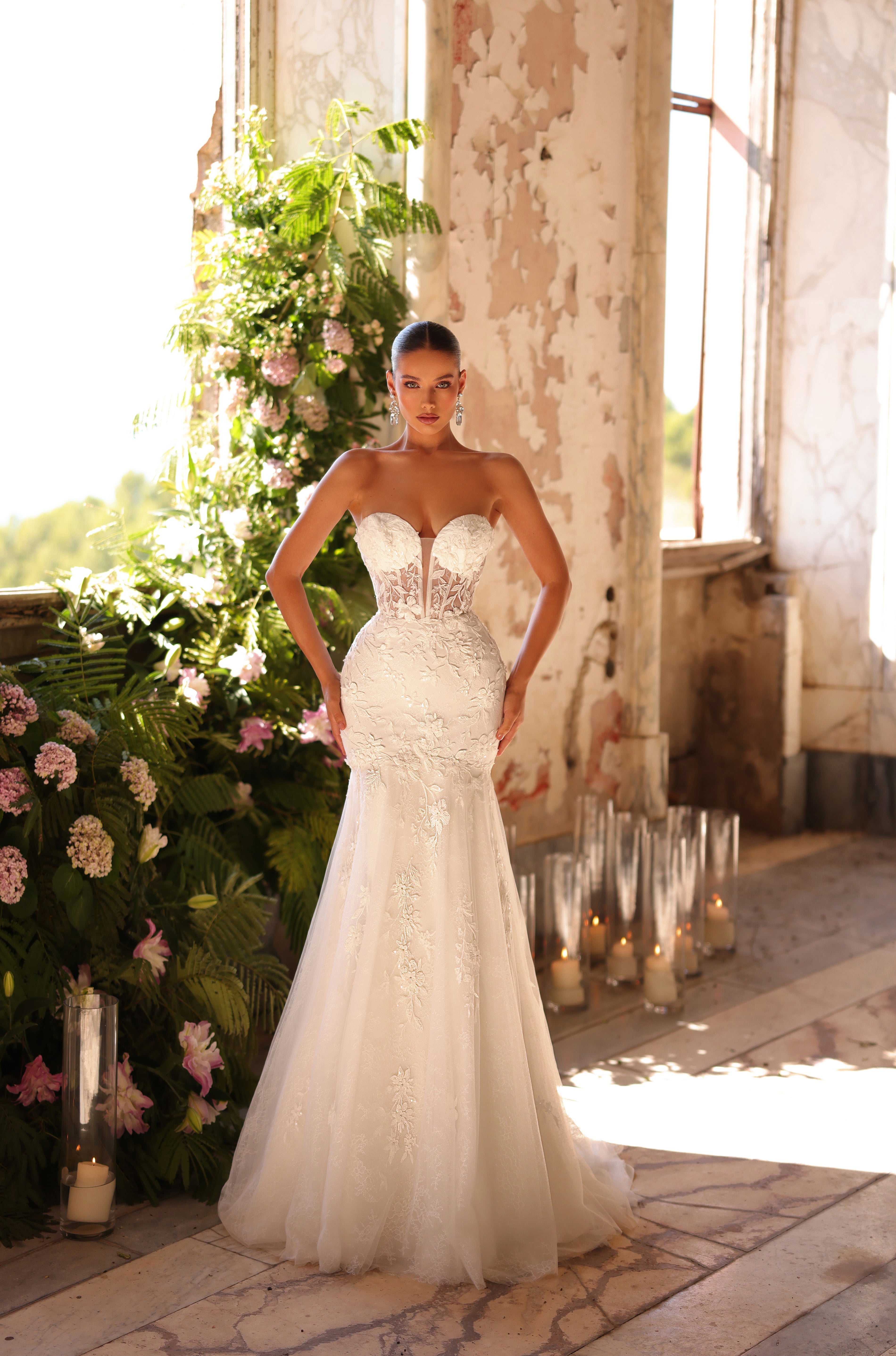 Ivory/Ivory Amarra 44022 Long Mermaid Lace Corset Wedding Dress