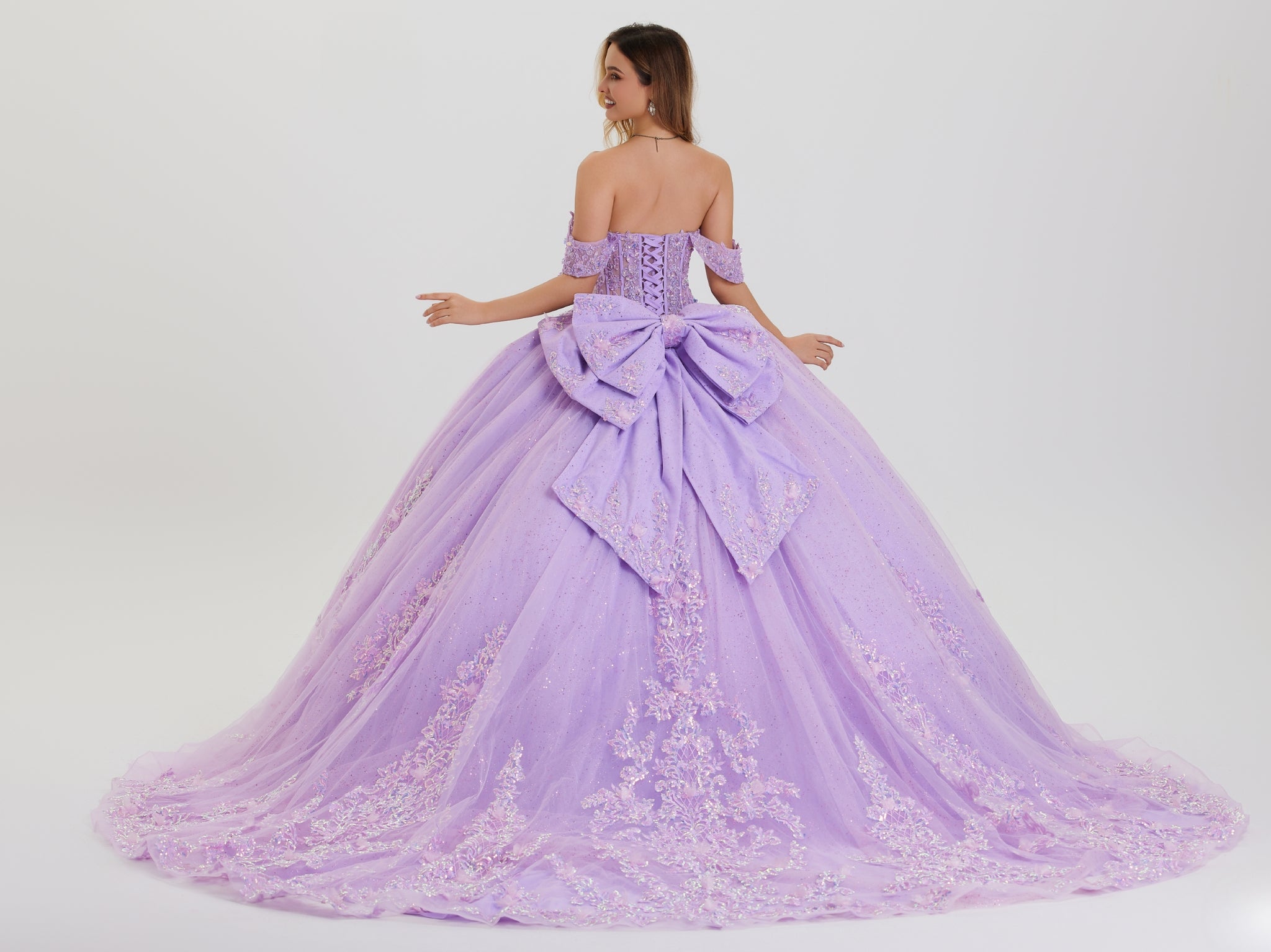 Quinceniera Dresses Floral Long Ball Gown Beaded Quinceanera Dress Lilac-Tulle-26408-Train