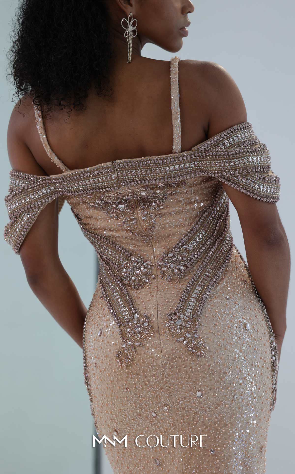Off-Shoulder Gown Beaded Sequin Prom Dress by MNM Couture M0023 in Champagne