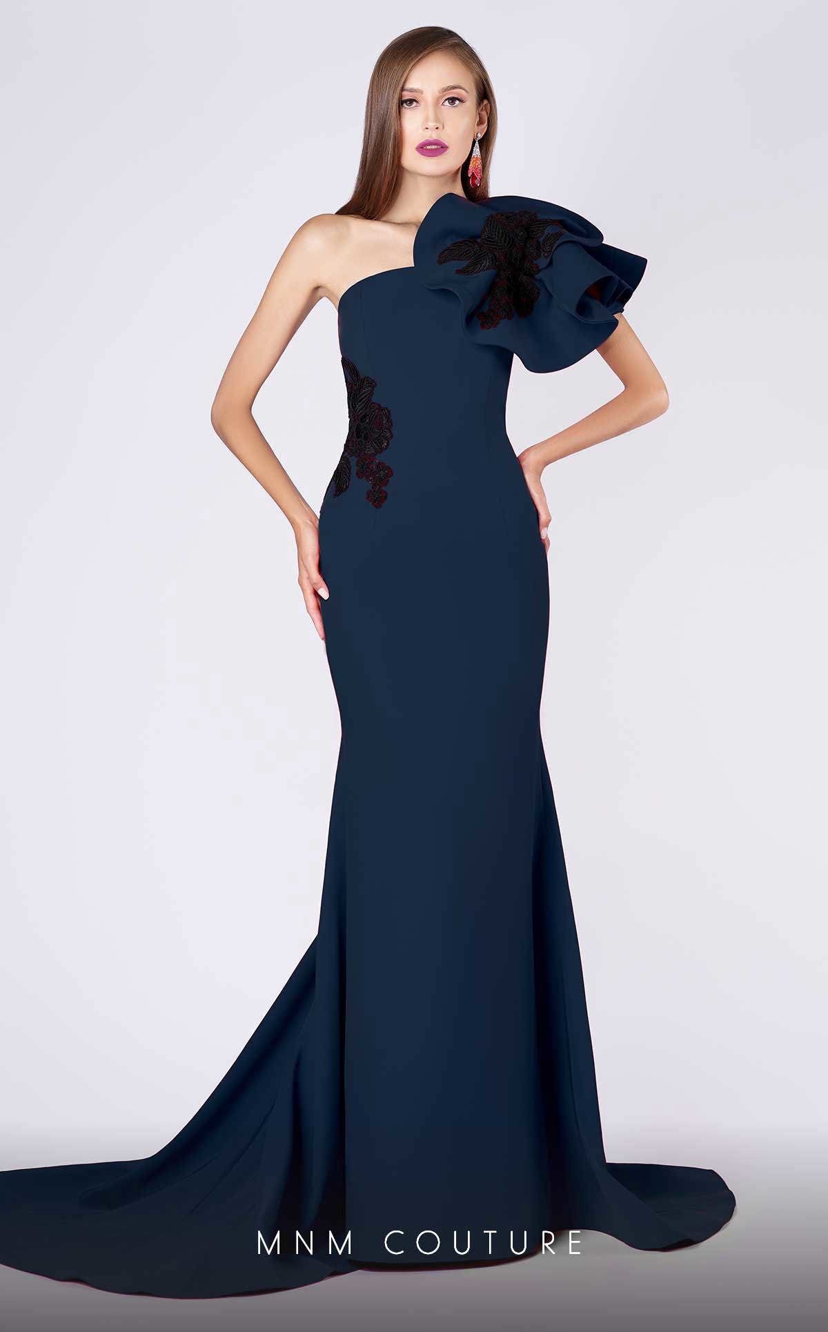 Formal Dresses Fitted Mermaid Long Formal Ruffle Evening Dress Navy Nude