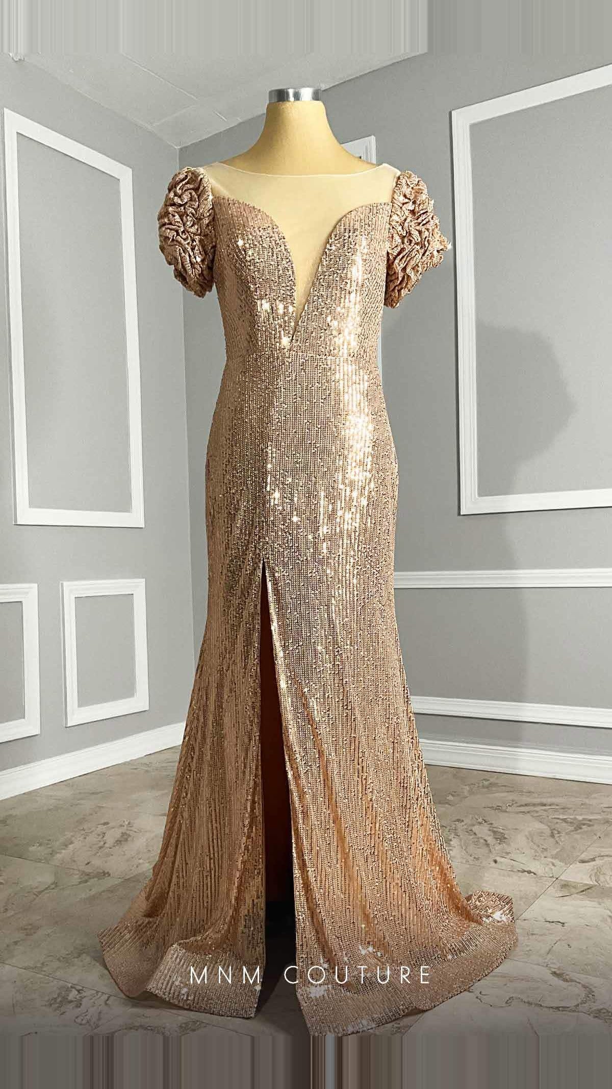 MNM Couture Sequin Illusion V-Neck Mermaid Gown with Ruffle Sleeves M0075