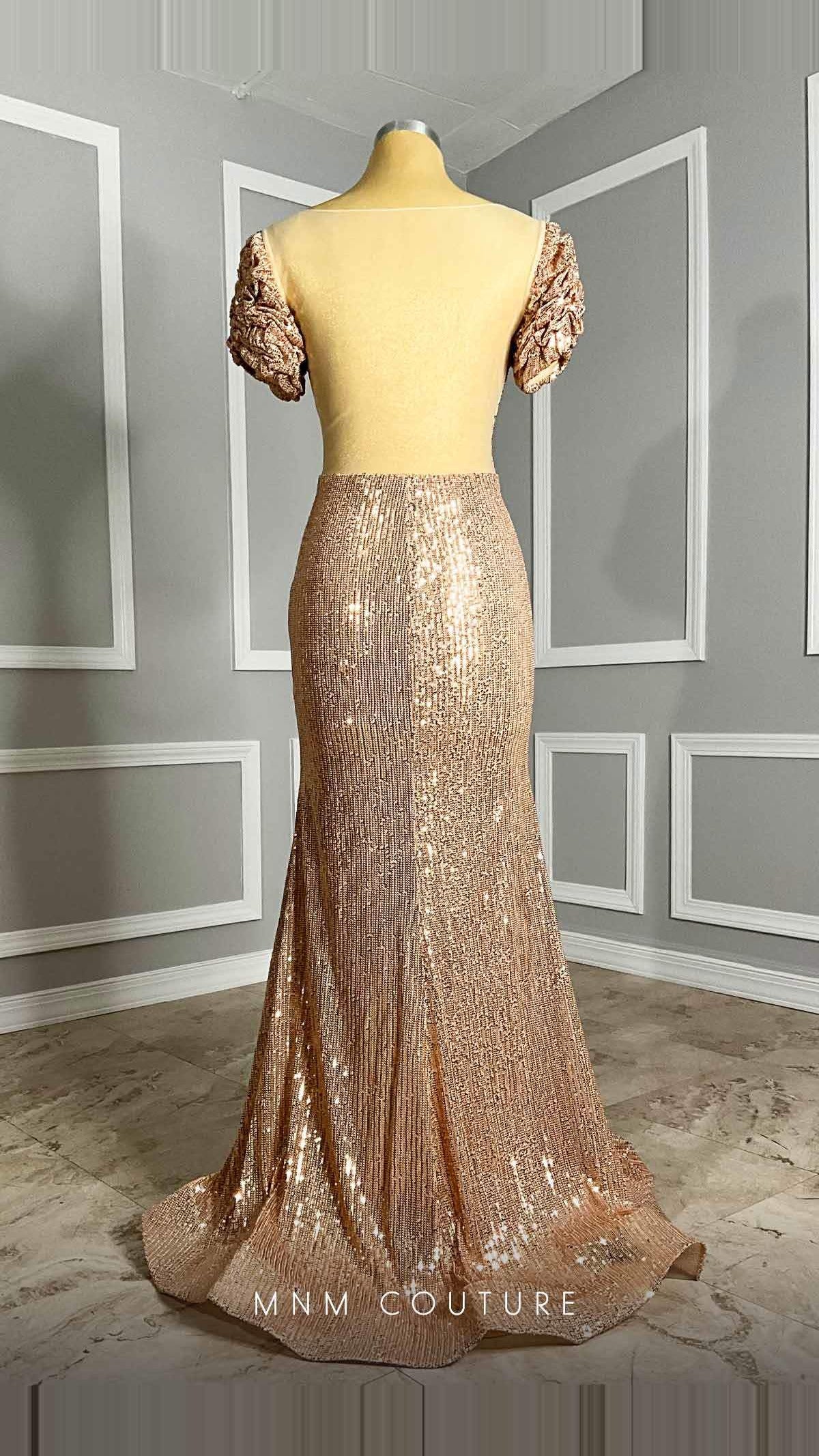 MNM Couture Sequin Illusion V-Neck Mermaid Gown with Ruffle Sleeves M0075