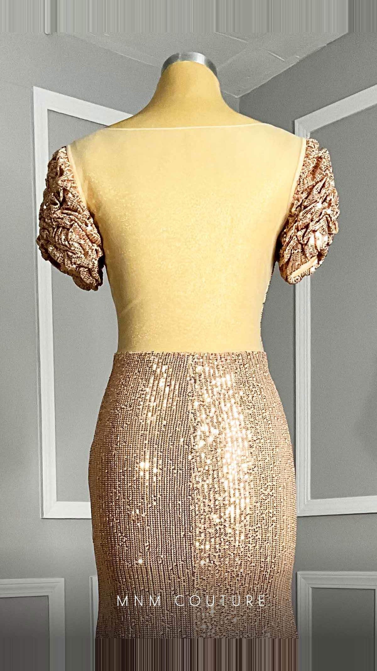 MNM Couture Sequin Illusion V-Neck Mermaid Gown with Ruffle Sleeves M0075
