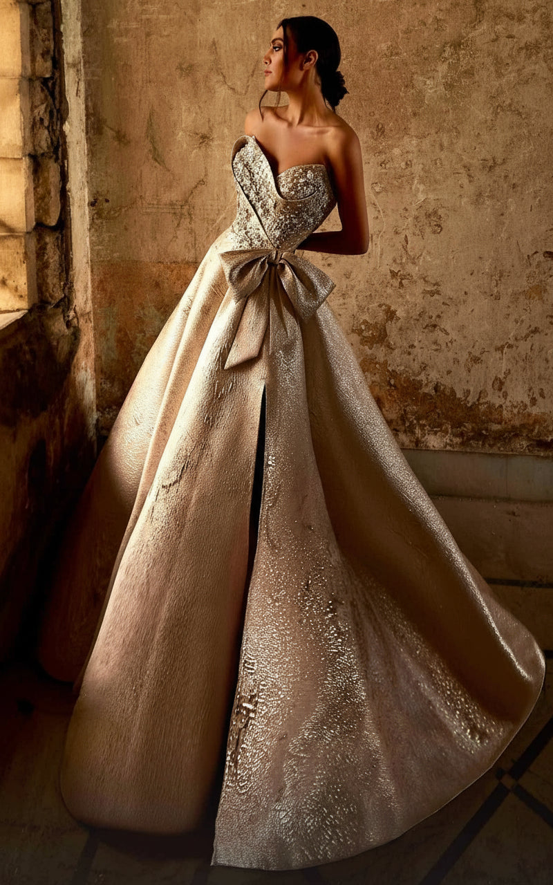 Formal Dresses Long Ball Gown Formal Beaded Slit Bow Evening Dress Gold