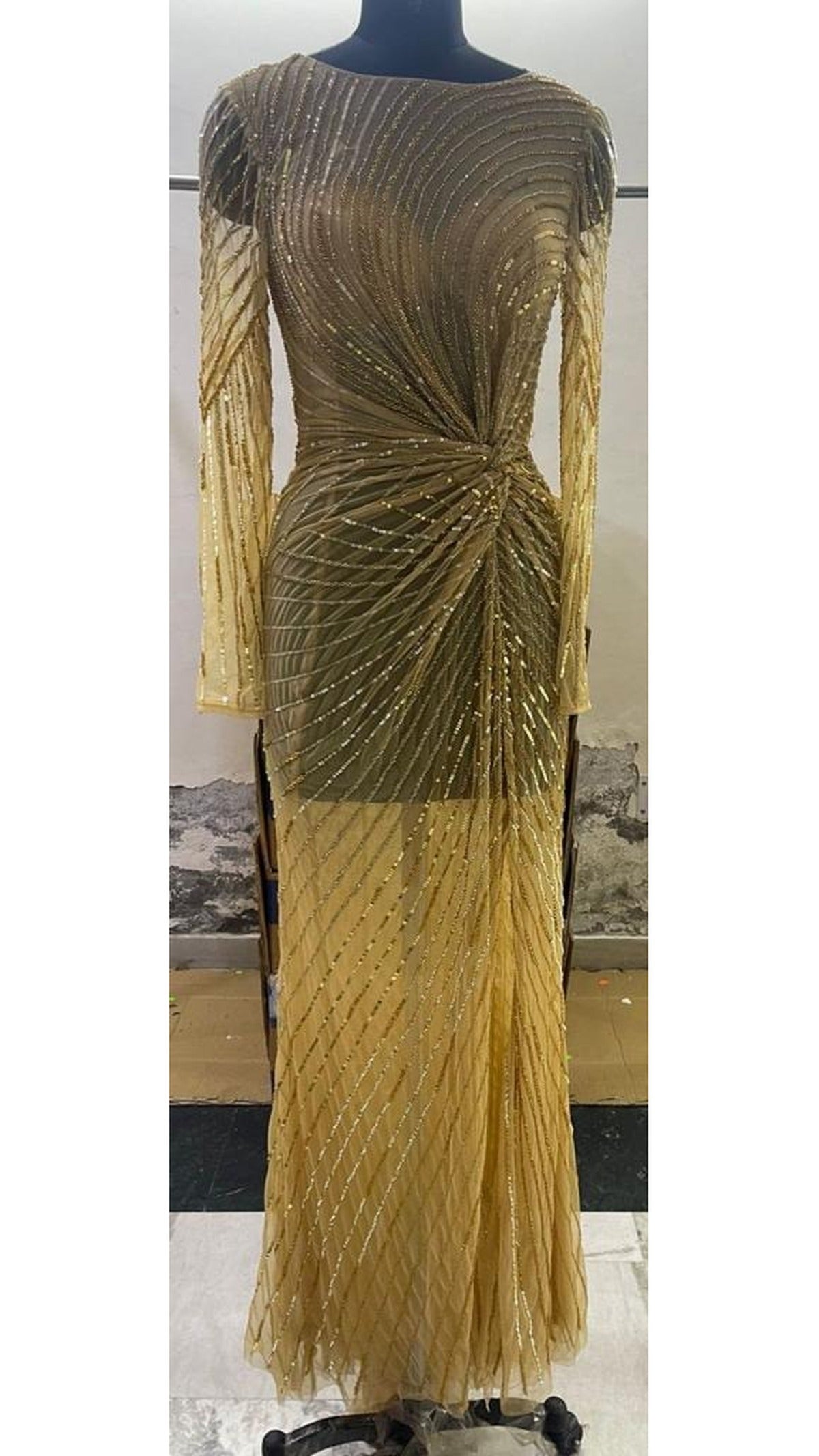 MNM Couture Sequin Embroidered Long-Sleeve Gown with Slit M1005