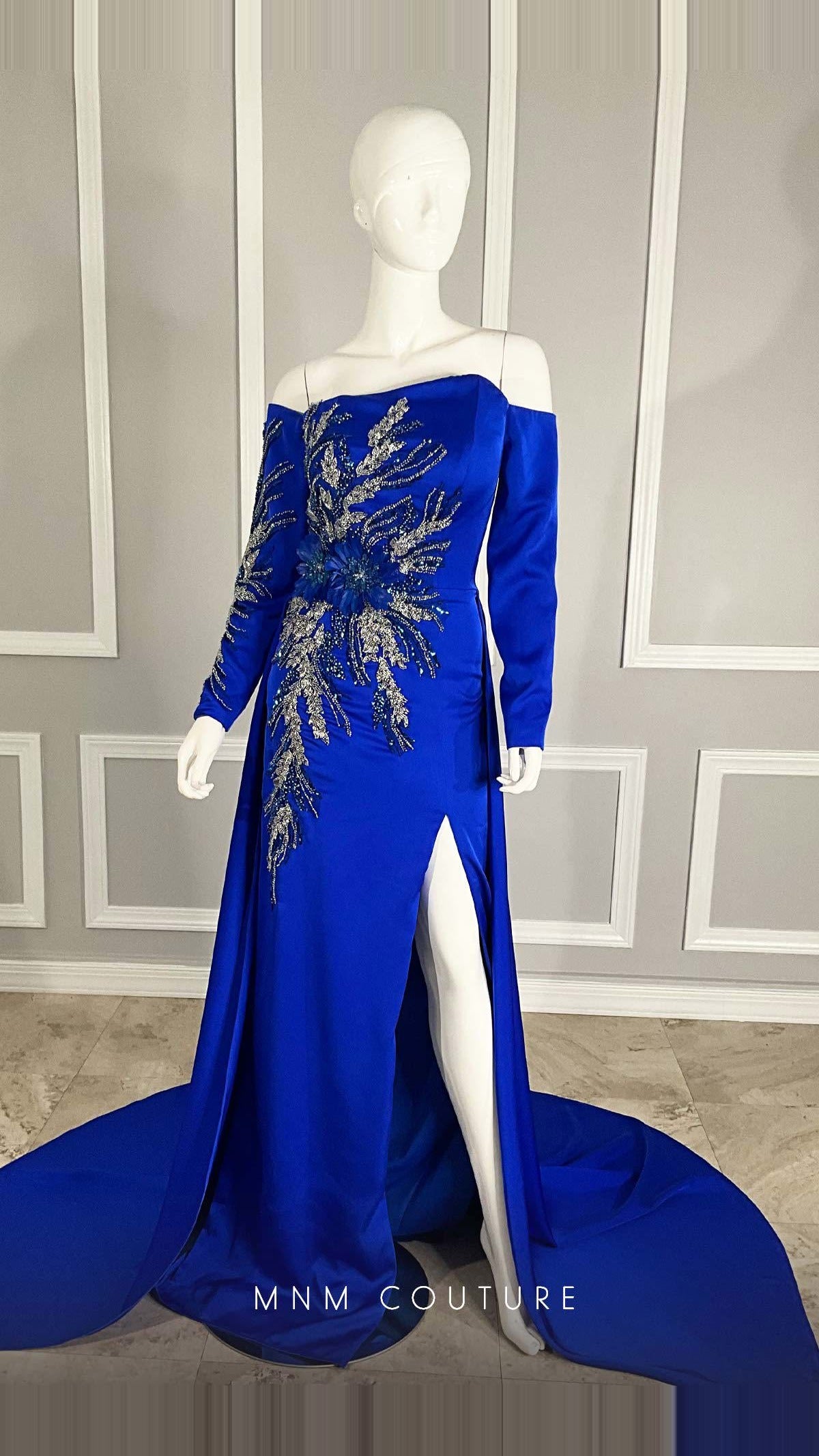 MNM Couture Beaded Off-Shoulder Long-Sleeve Satin Gown M1104