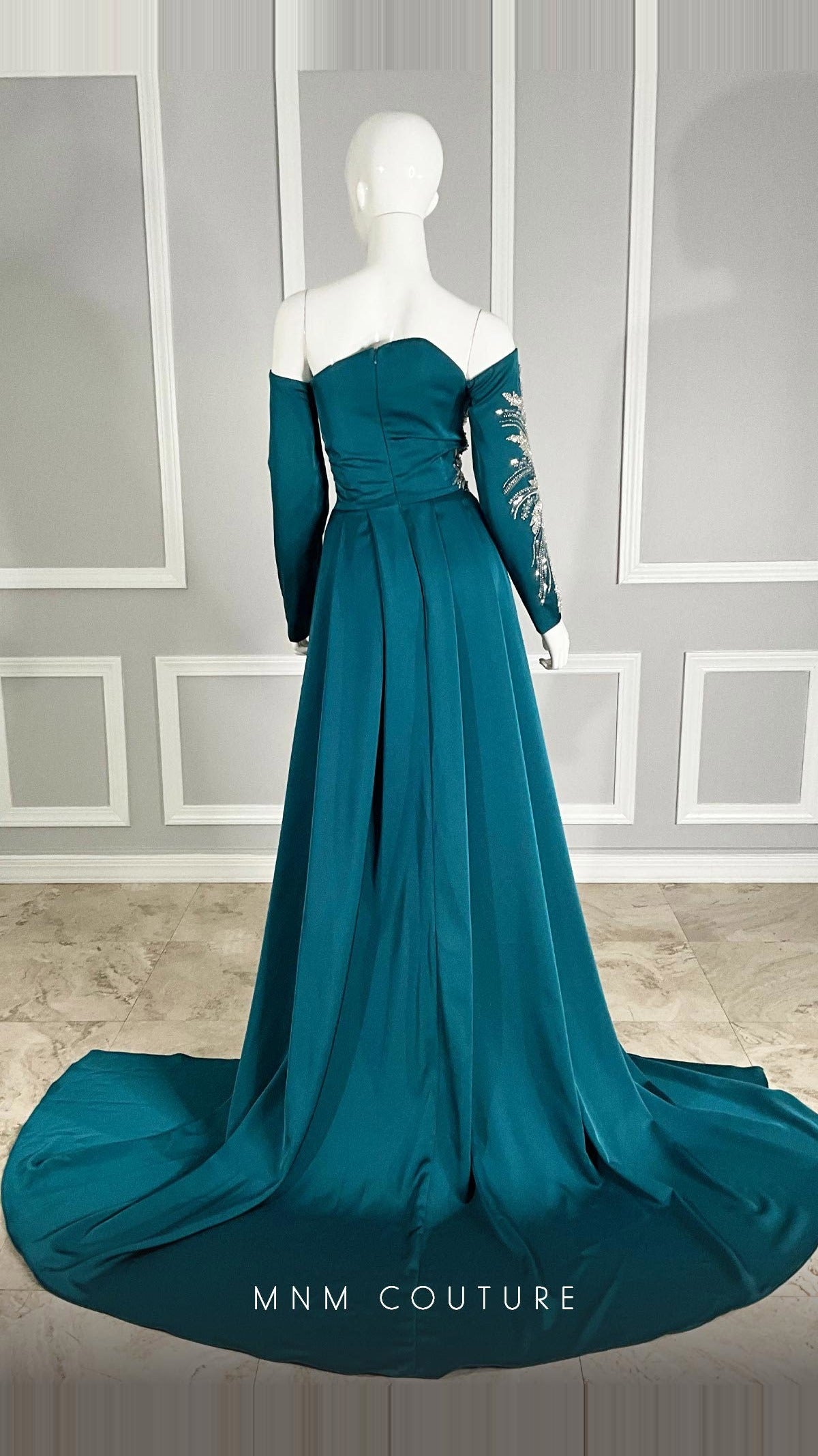 MNM Couture Beaded Off-Shoulder Long-Sleeve Satin Gown M1104