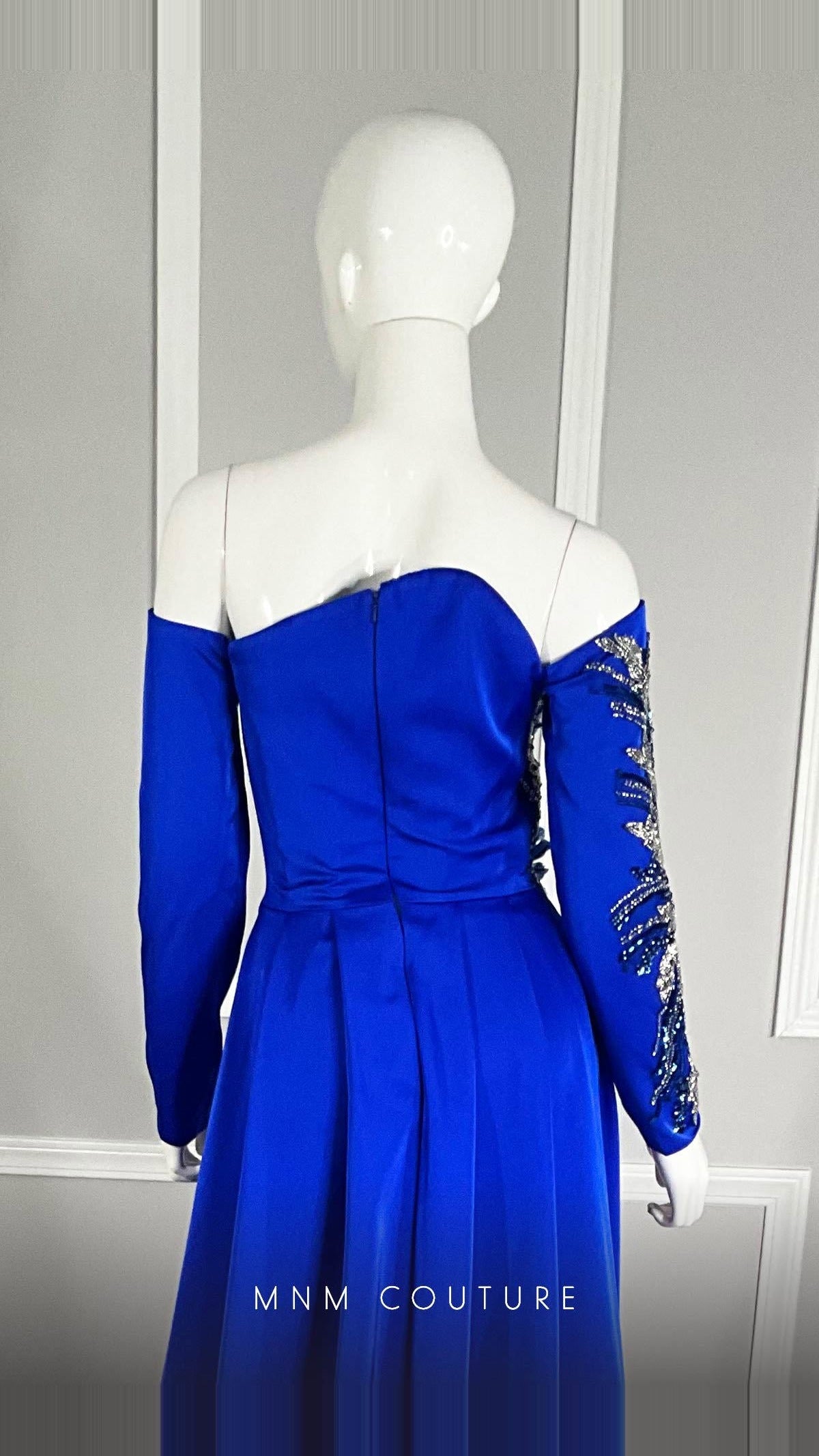 MNM Couture Beaded Off-Shoulder Long-Sleeve Satin Gown M1104