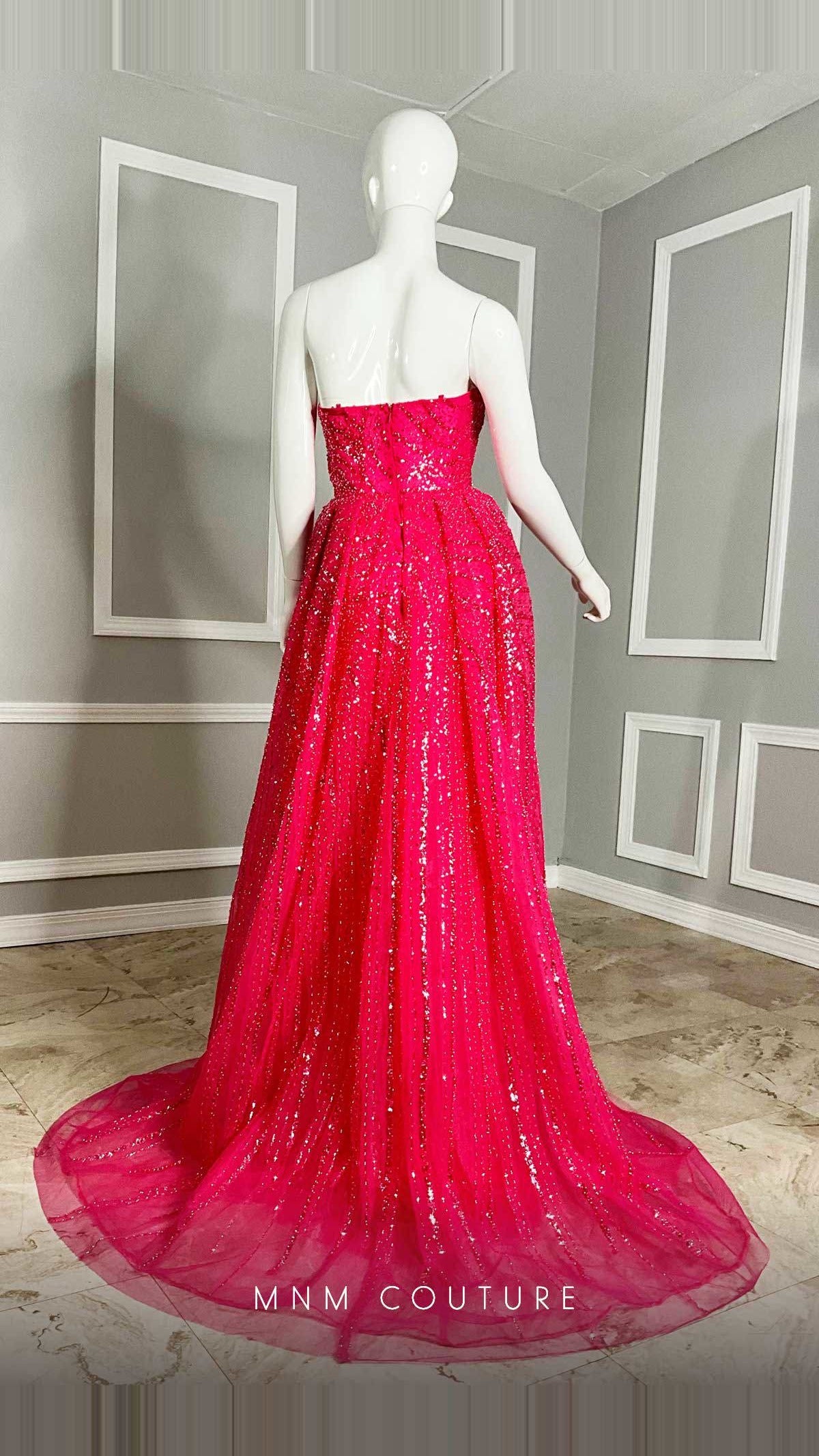 MNM Couture Beaded Embroidered Tulle Straight-Neck Gown with Slit M1106