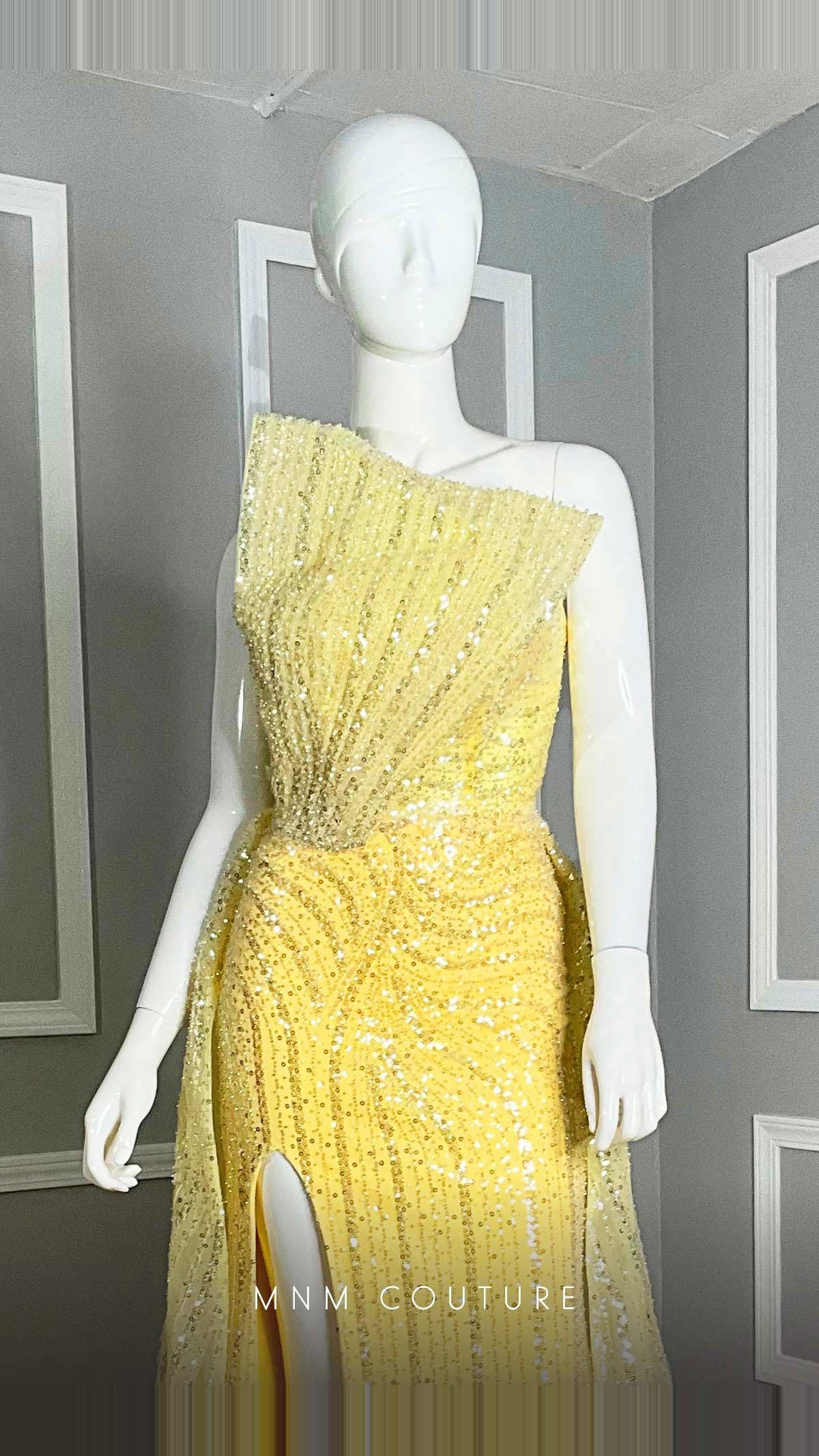 MNM Couture Beaded Embroidered Tulle Straight-Neck Gown with Slit M1106