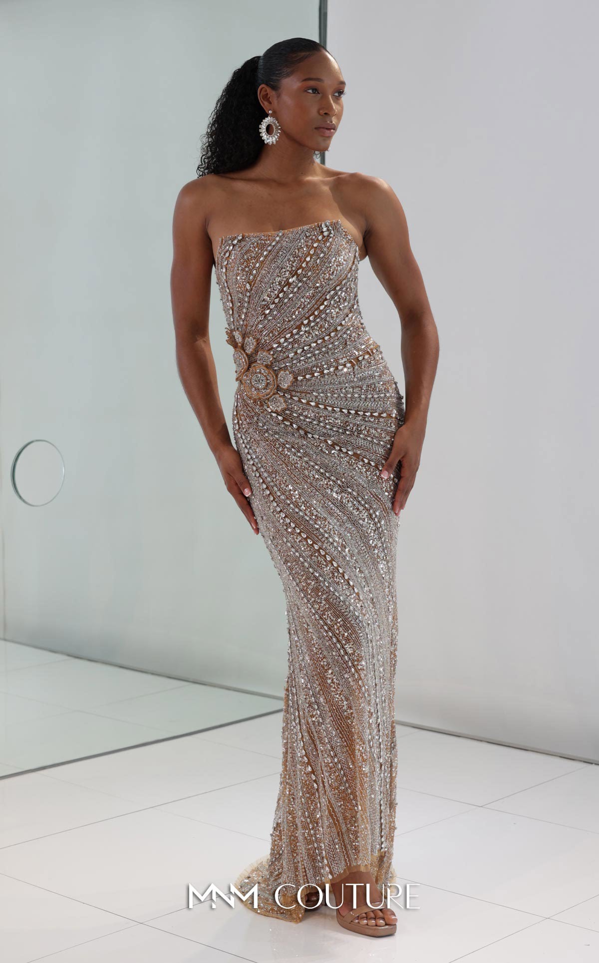 Prom Dresses Long Formal Beaded Sequin Fitted Floral Prom Dress MNM Couture M1186 Beige