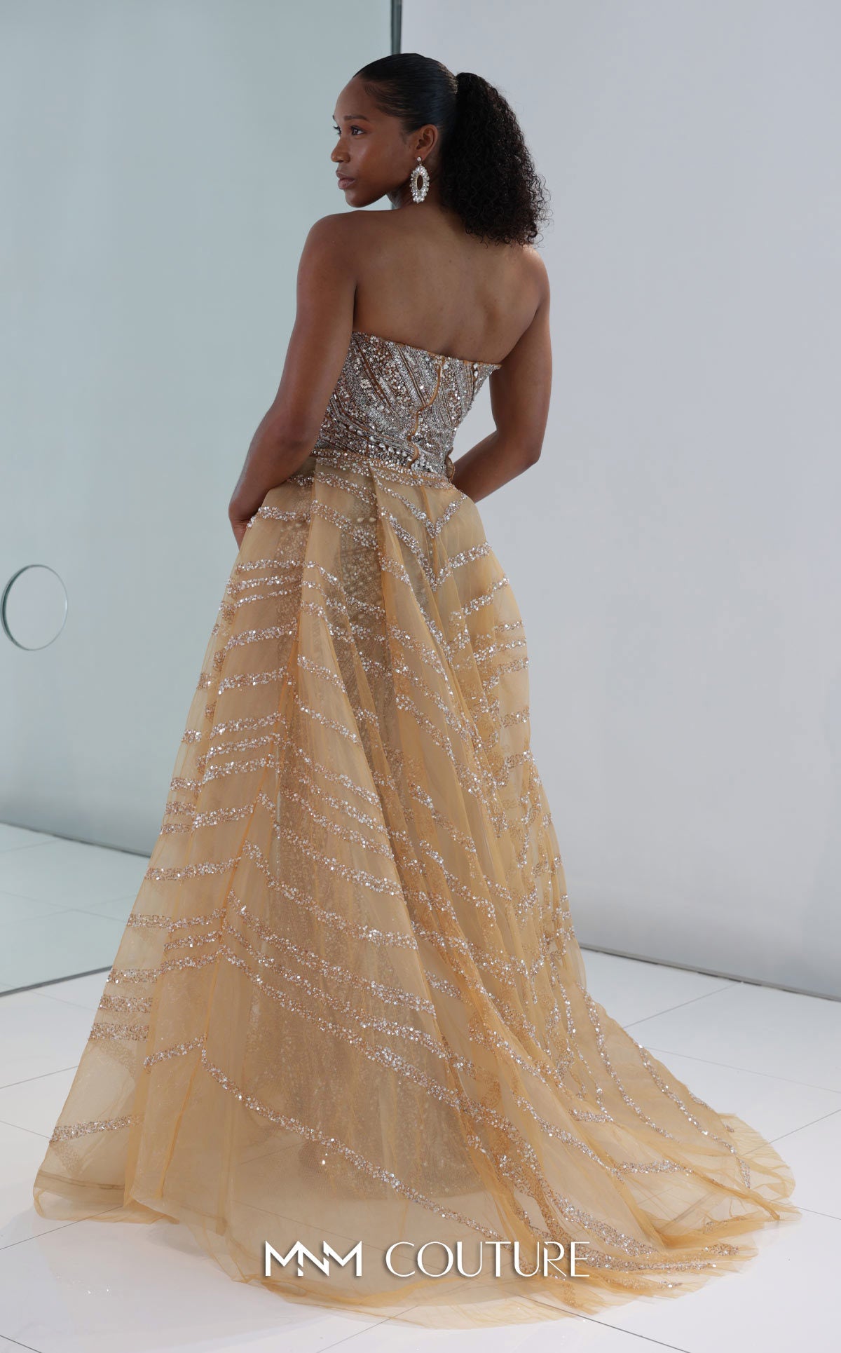 Prom Dresses Long Formal Beaded Sequin Fitted Floral Prom Dress MNM Couture M1186 Beige