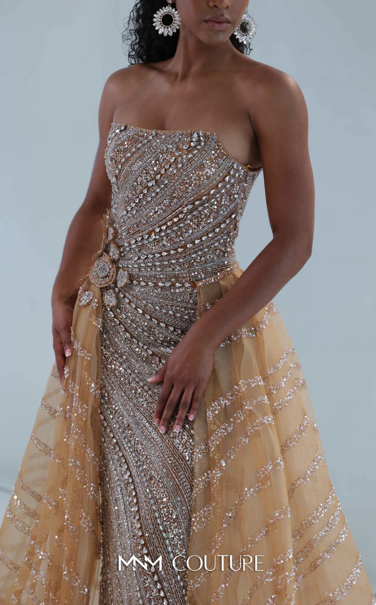 Prom Dresses Long Formal Beaded Sequin Fitted Floral Prom Dress MNM Couture M1186 Beige
