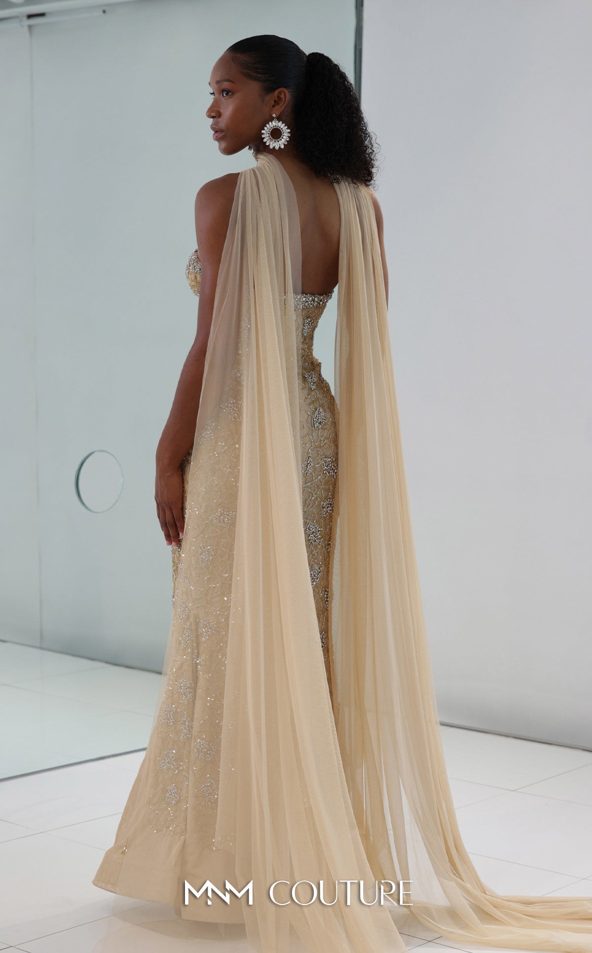 Strapless Mermaid Beaded Gown by MNM Couture M1188 in Beige