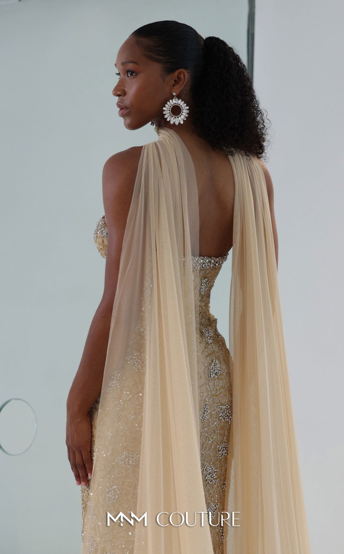 Strapless Mermaid Beaded Gown by MNM Couture M1188 in Beige