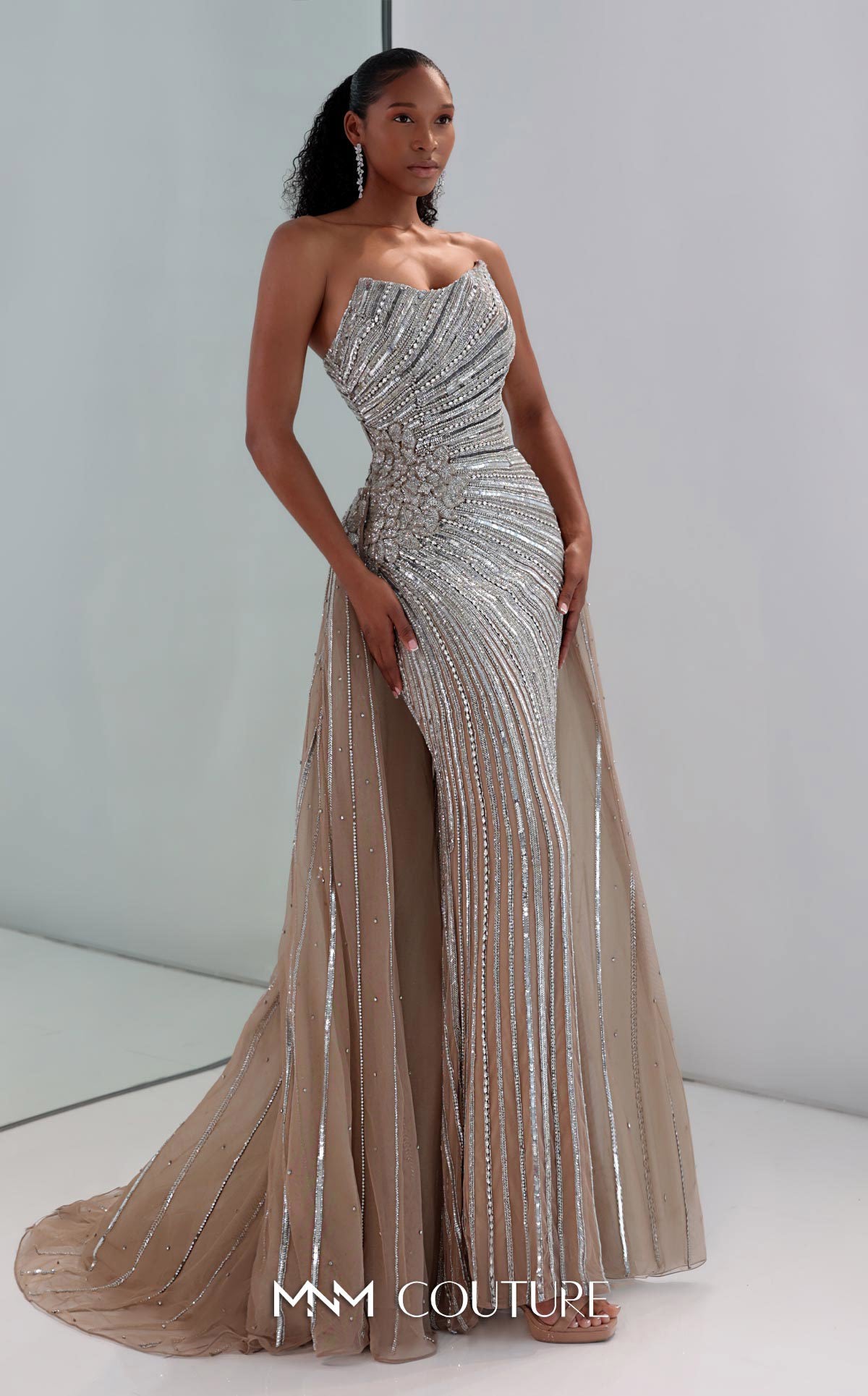 Prom Dresses Long Formal Mermaid Beaded Sequin Prom Dress MNM Couture M1189 Silver