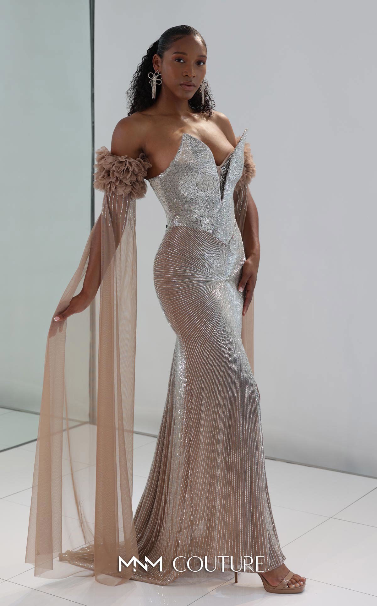 Prom Dresses Long Formal Floral Slit Prom Dress MNM Couture M1190 Silver