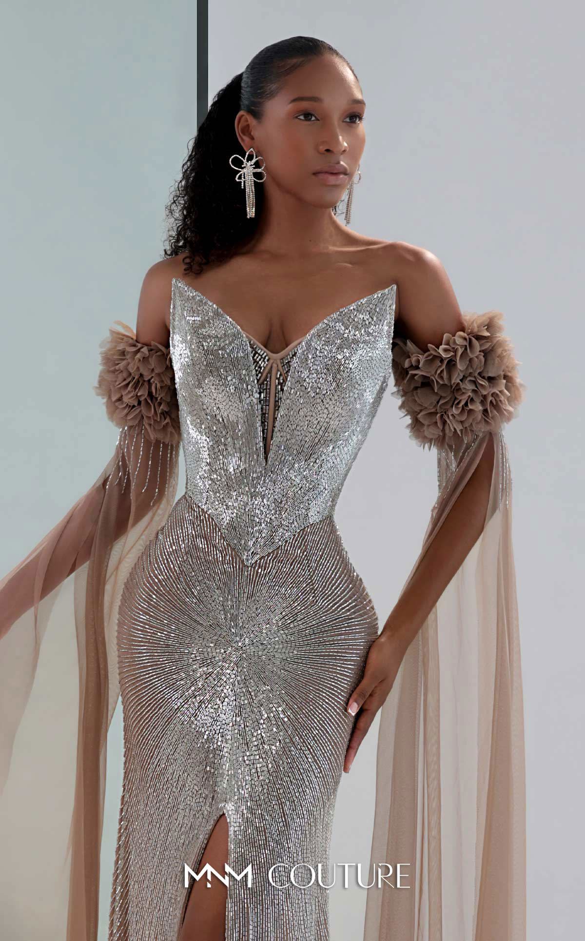 Prom Dresses Long Formal Floral Slit Prom Dress MNM Couture M1190 Silver