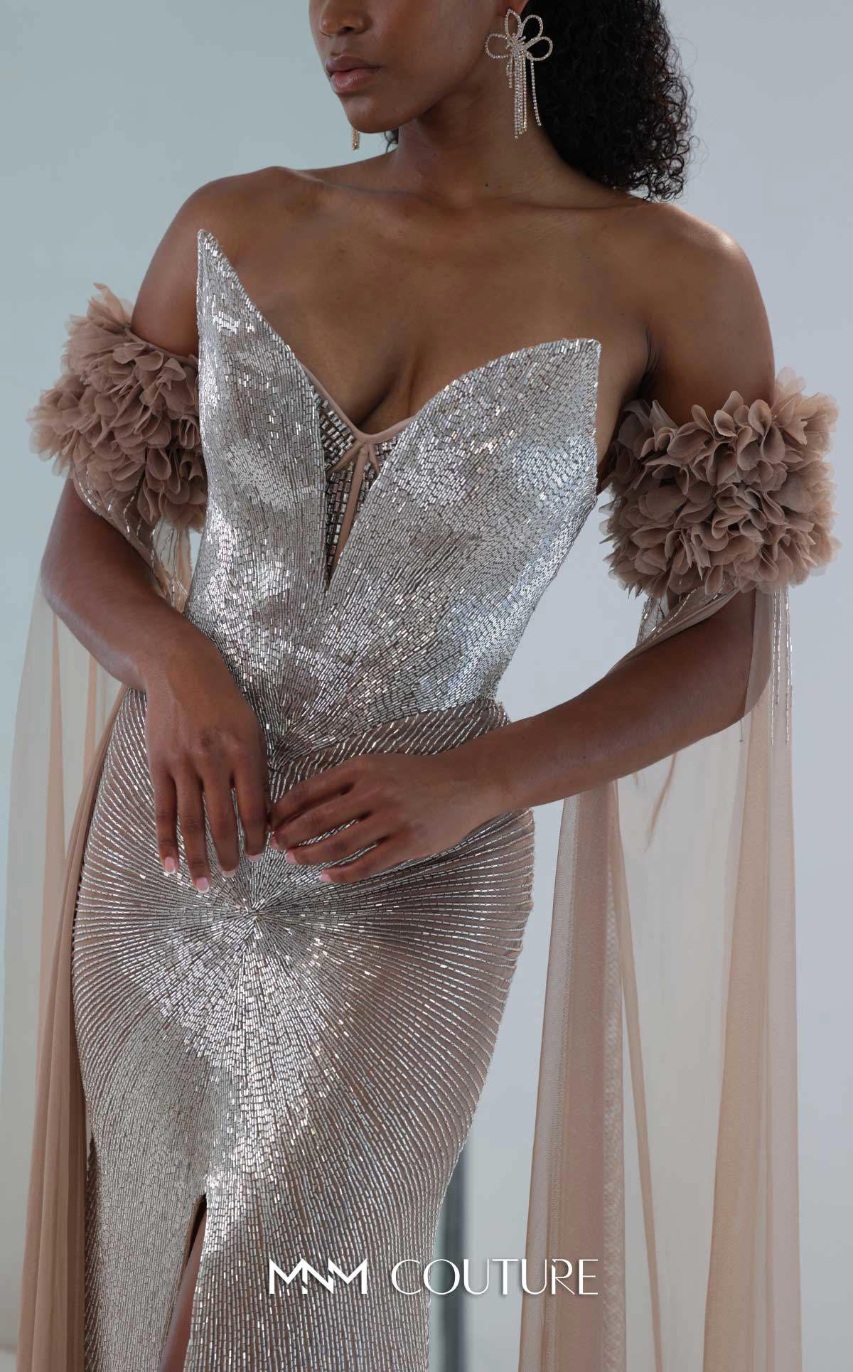 Prom Dresses Long Formal Floral Slit Prom Dress MNM Couture M1190 Silver