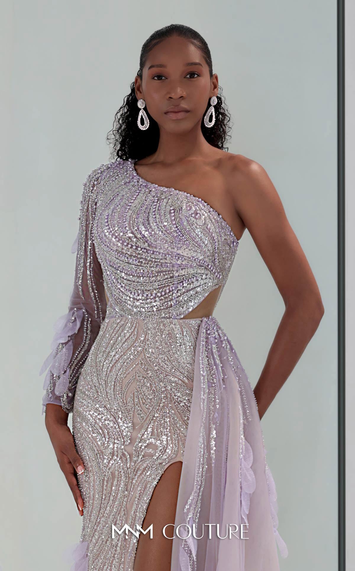 One Shoulder Beaded Tulle Gown by MNM Couture M1310 in Lilac