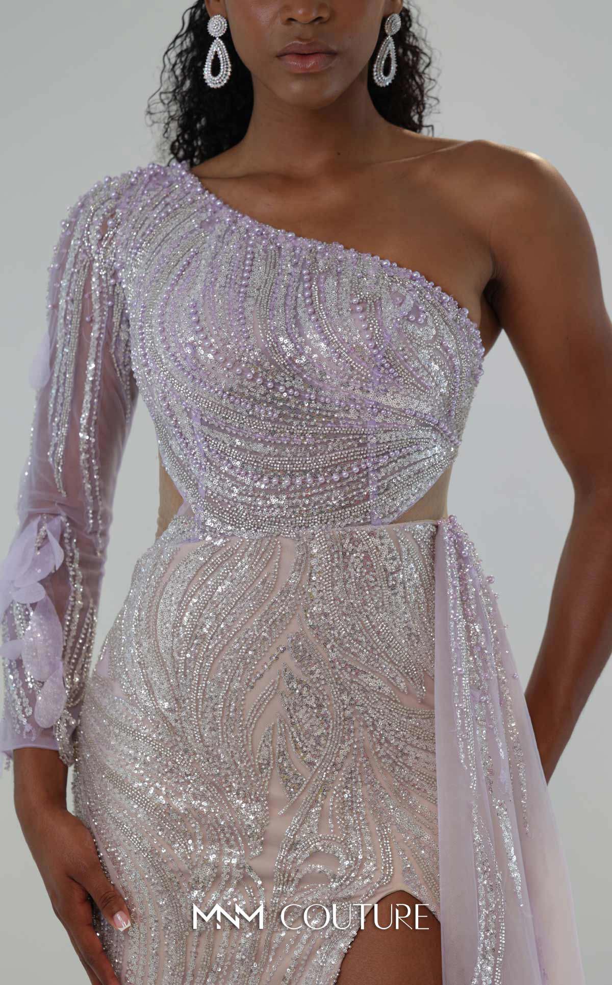 One Shoulder Beaded Tulle Gown by MNM Couture M1310 in Lilac