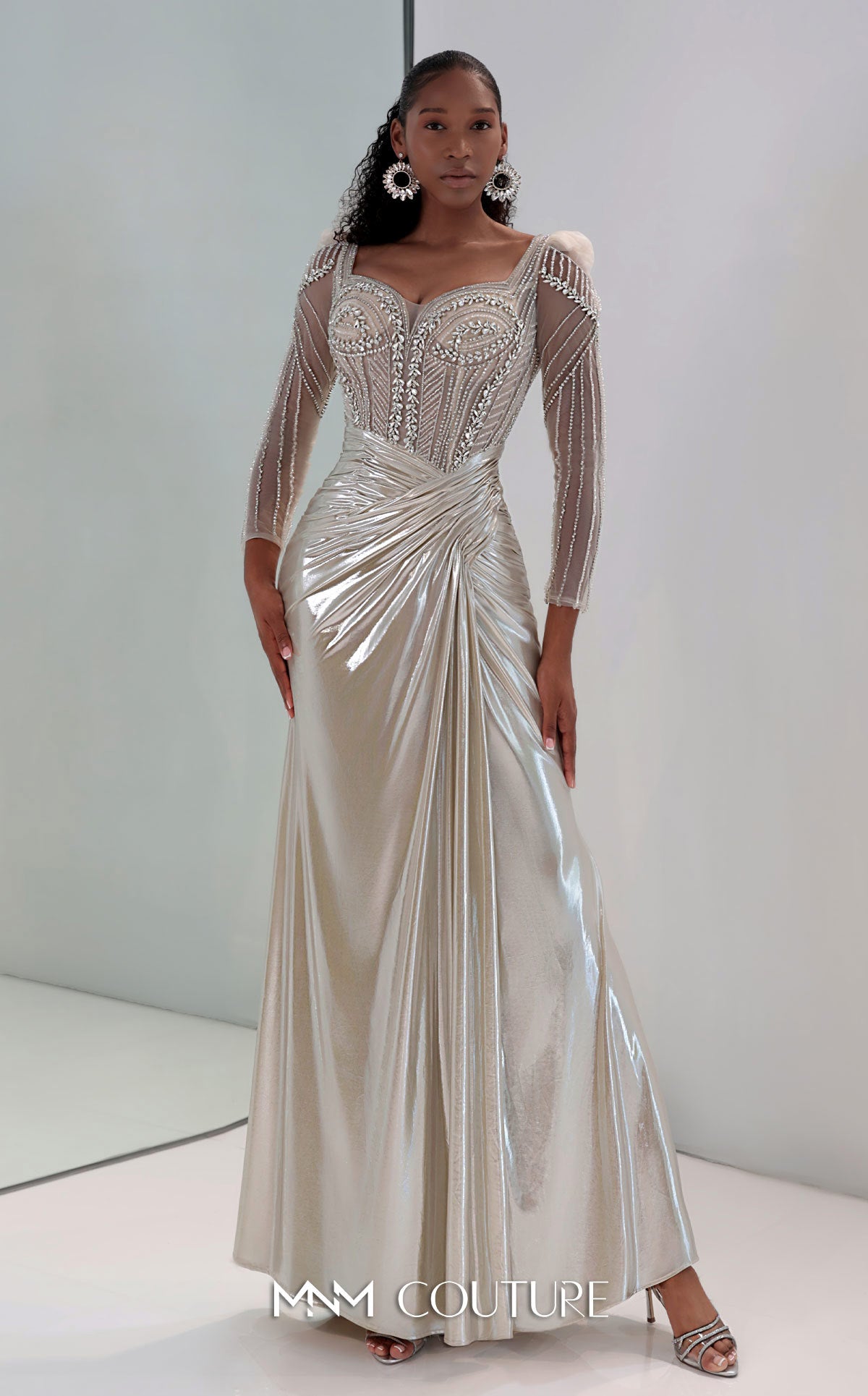 Sweetheart Long Metallic Evening Gown by MNM Couture M1312 in Gold