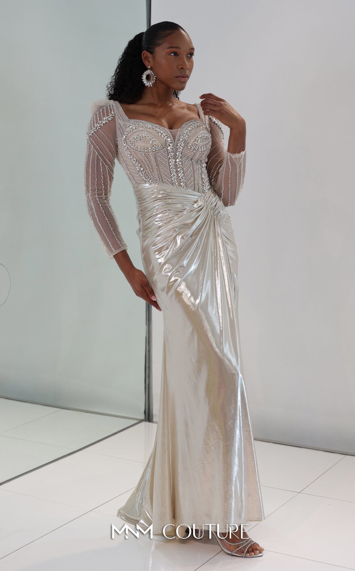 Sweetheart Long Metallic Evening Gown by MNM Couture M1312 in Gold