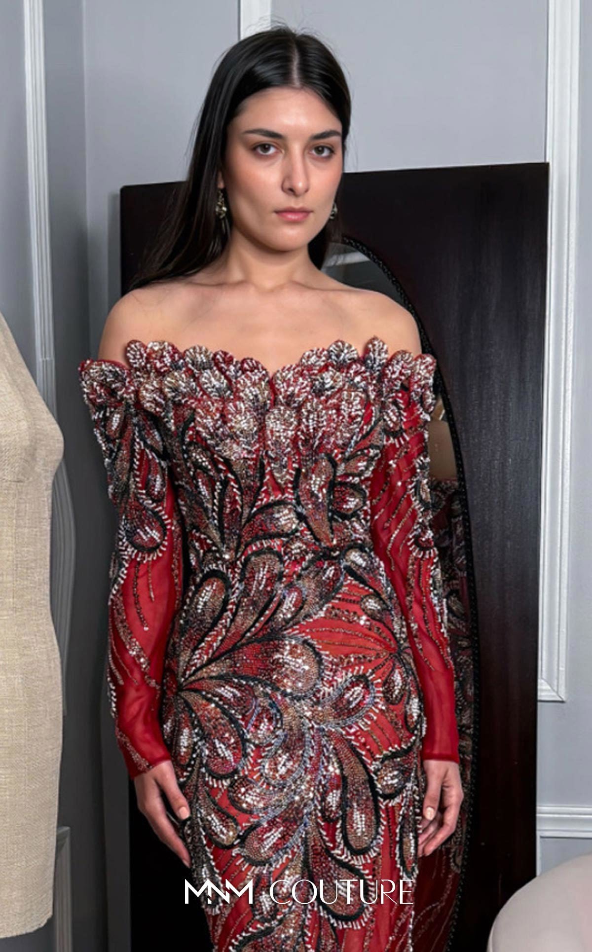 Off-the-Shoulder Floor-Length Sequin Formal Sheath MNM Couture 1316