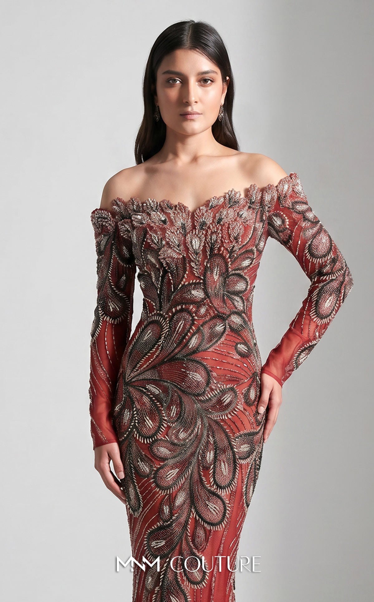 Red Off-the-Shoulder Floor-Length Beaded Formal Dress Mermaid Gown MNM Couture M1316