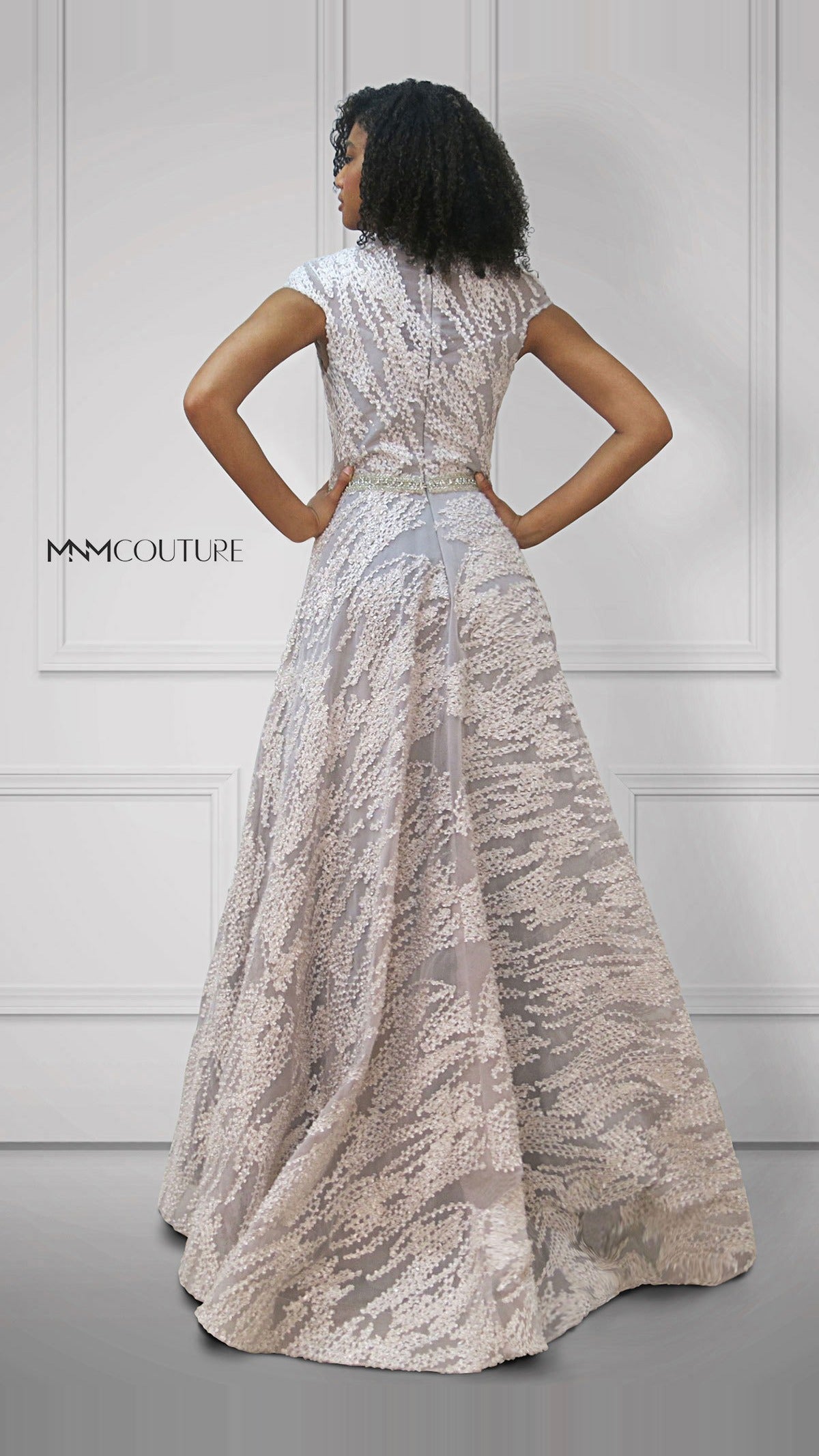 MNM Couture Embroidered Mesh Short-Sleeve A-Line Gown M1809
