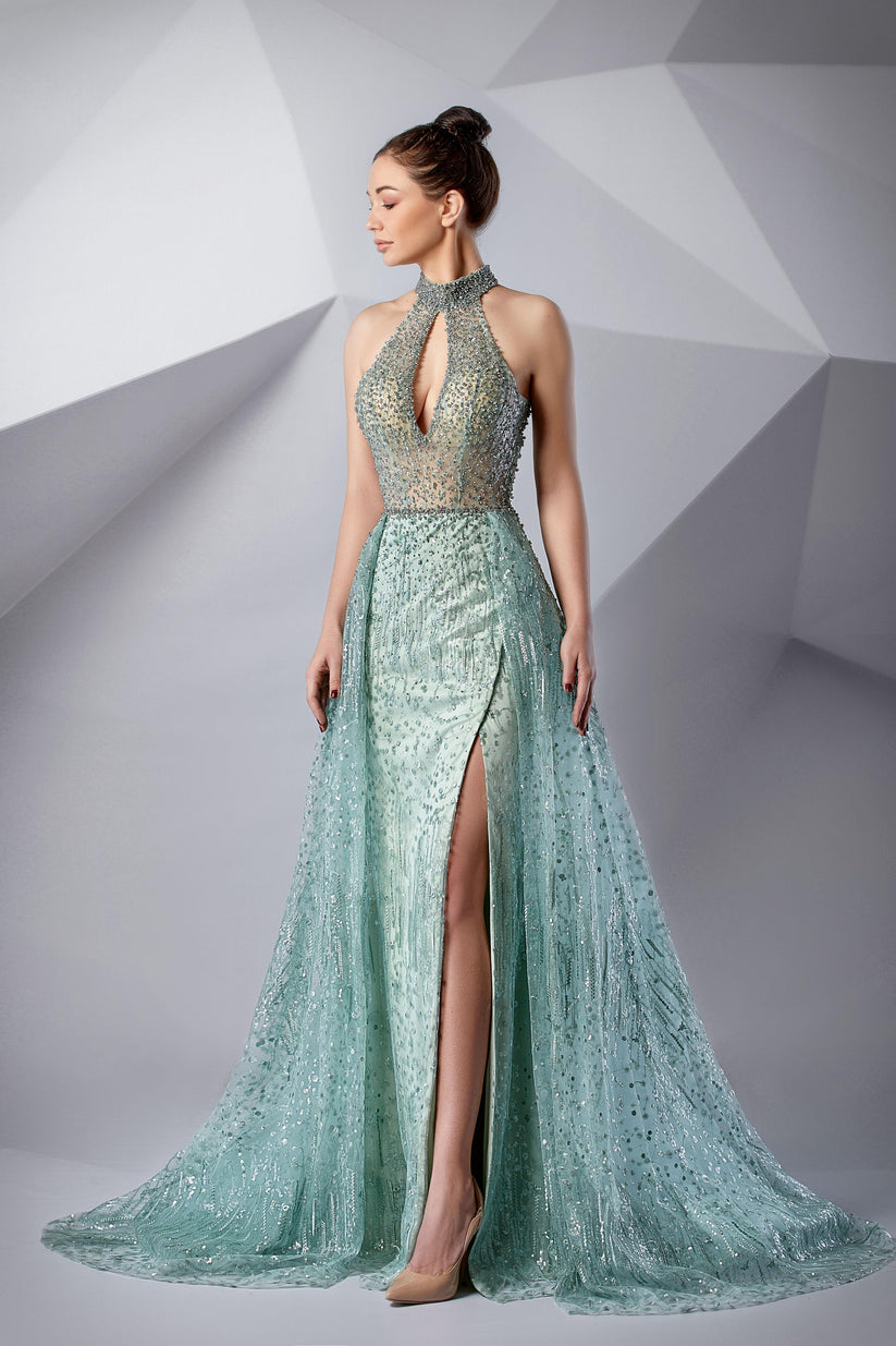 Prom Dresses Long Beaded Formal High Slit Prom Dress Frosty Green