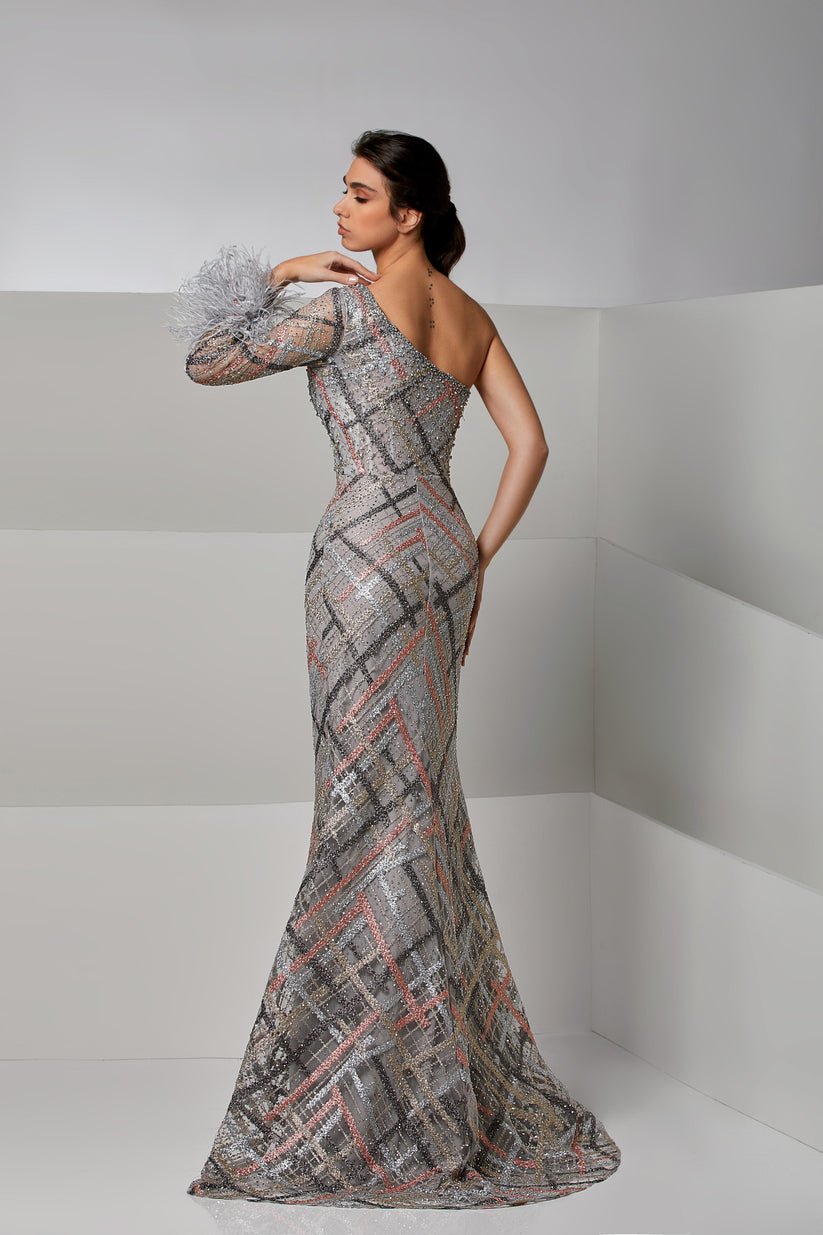 Prom Dresses Beaded Long Formal Slit Feather Prom Dress Greige