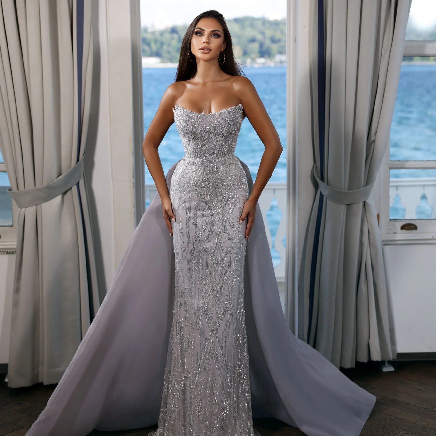 Prom Dresses Long Formal Fitted Beaded Prom Dress Silver