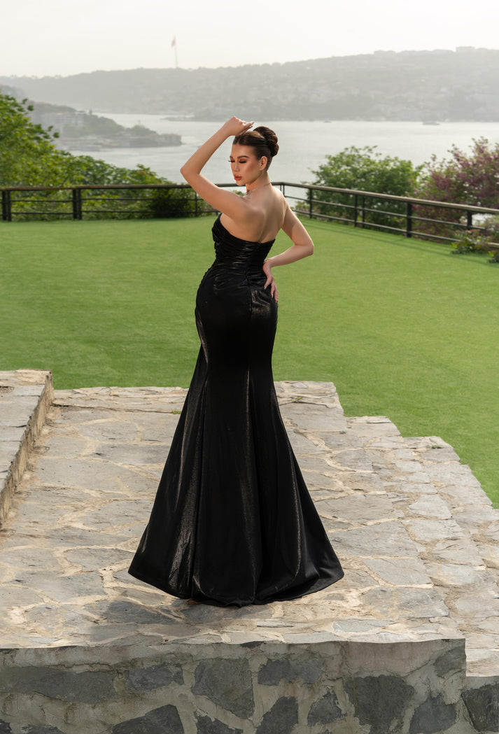 Prom Dresses Pleated Long Formal Slit Prom Dress Black