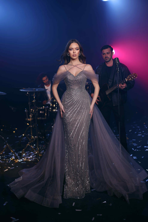 Prom Dresses Long Formal Beaded Overskirt Prom Dress Silver