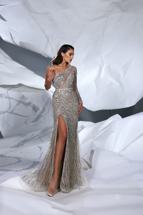 Prom Dresses Long Beaded Formal Fitted Slit Prom Dress Apricot