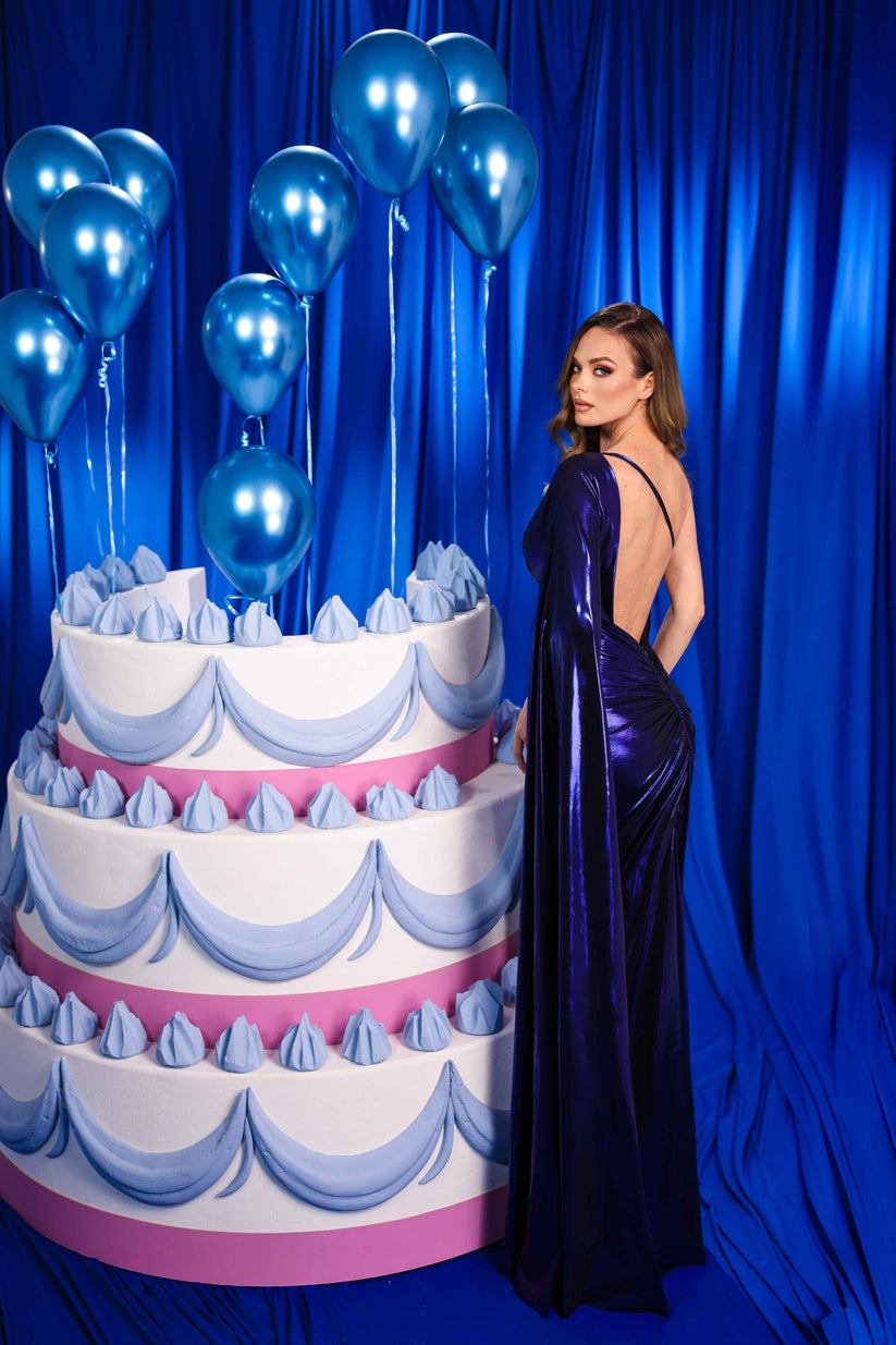 Prom Dresses Prom Long Formal Fitted Cape Evening Dress Navy