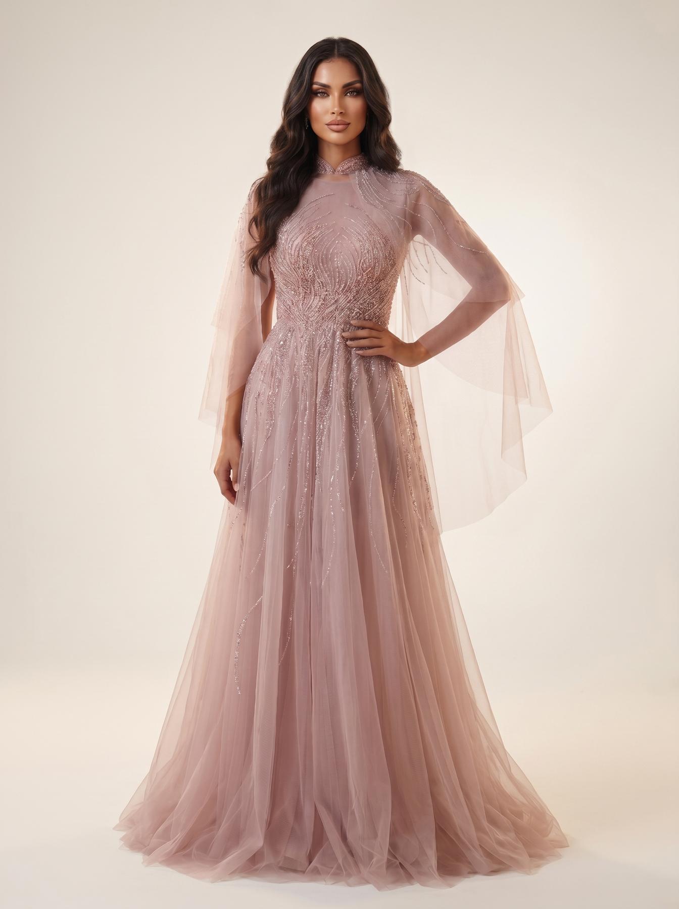 Crew/High-Neck Floor-Length Tulle Formal A-Line Modessa Couture 26708