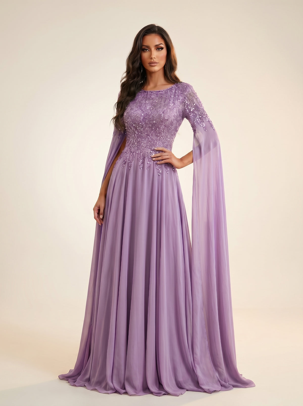 Crew Neck Cape Sleeve Floor-Length Beaded Formal A-Line Modessa Couture 26711
