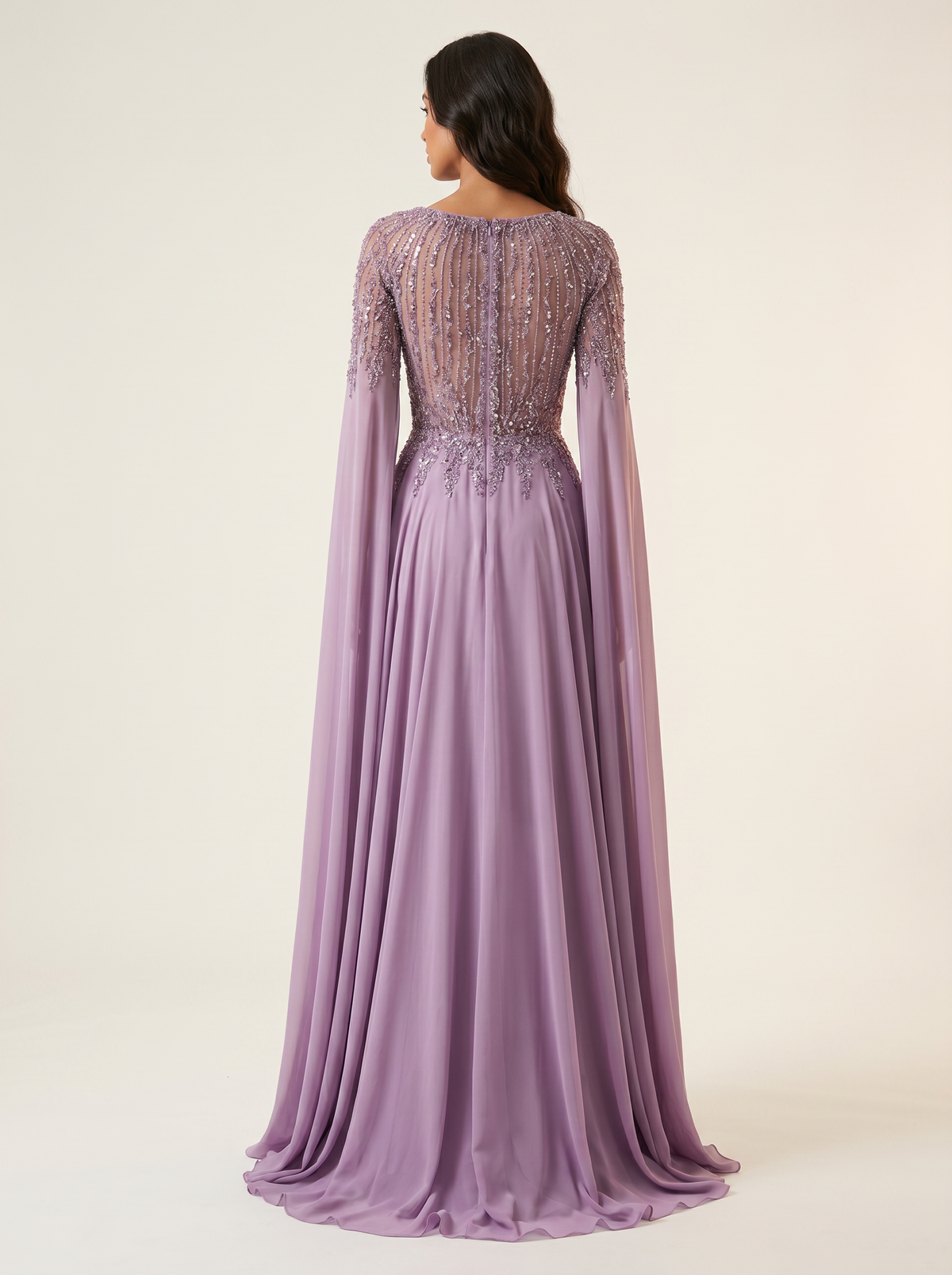 Crew Neck Cape Sleeve Floor-Length Beaded Formal A-Line Modessa Couture 26711