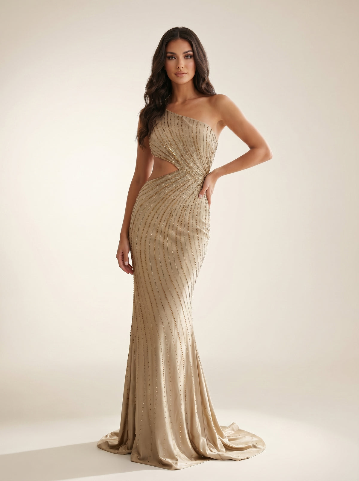 One-Shoulder Cutout Floor-Length Beaded Formal Mermaid Modessa Couture 26722