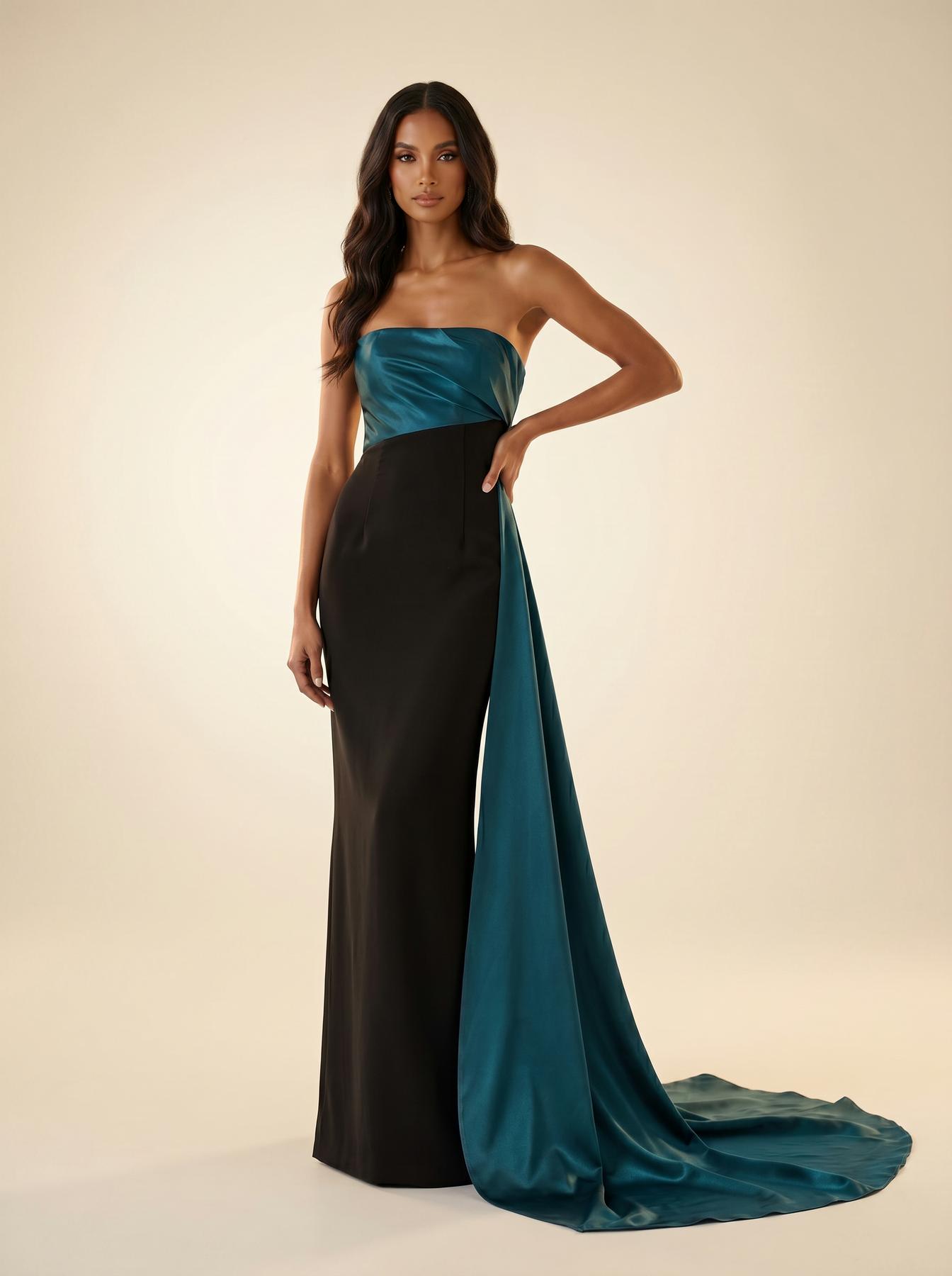 Strapless Straight Neck Floor-Length with Train Satin Formal Sheath/Column Modessa Couture 26731