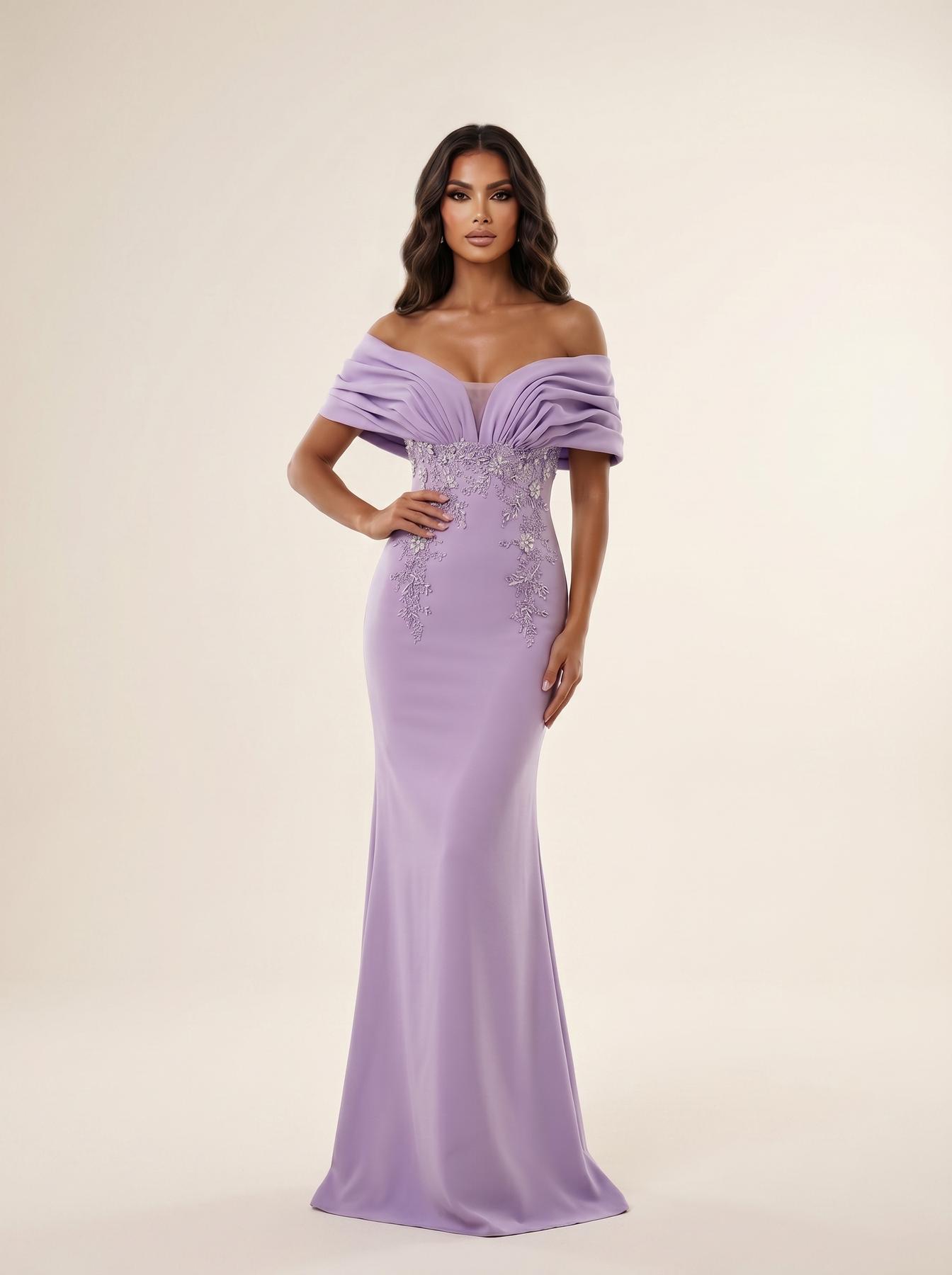 Off-the-Shoulder Floor-Length Crepe Formal Sheath/Column Modessa Couture 26732