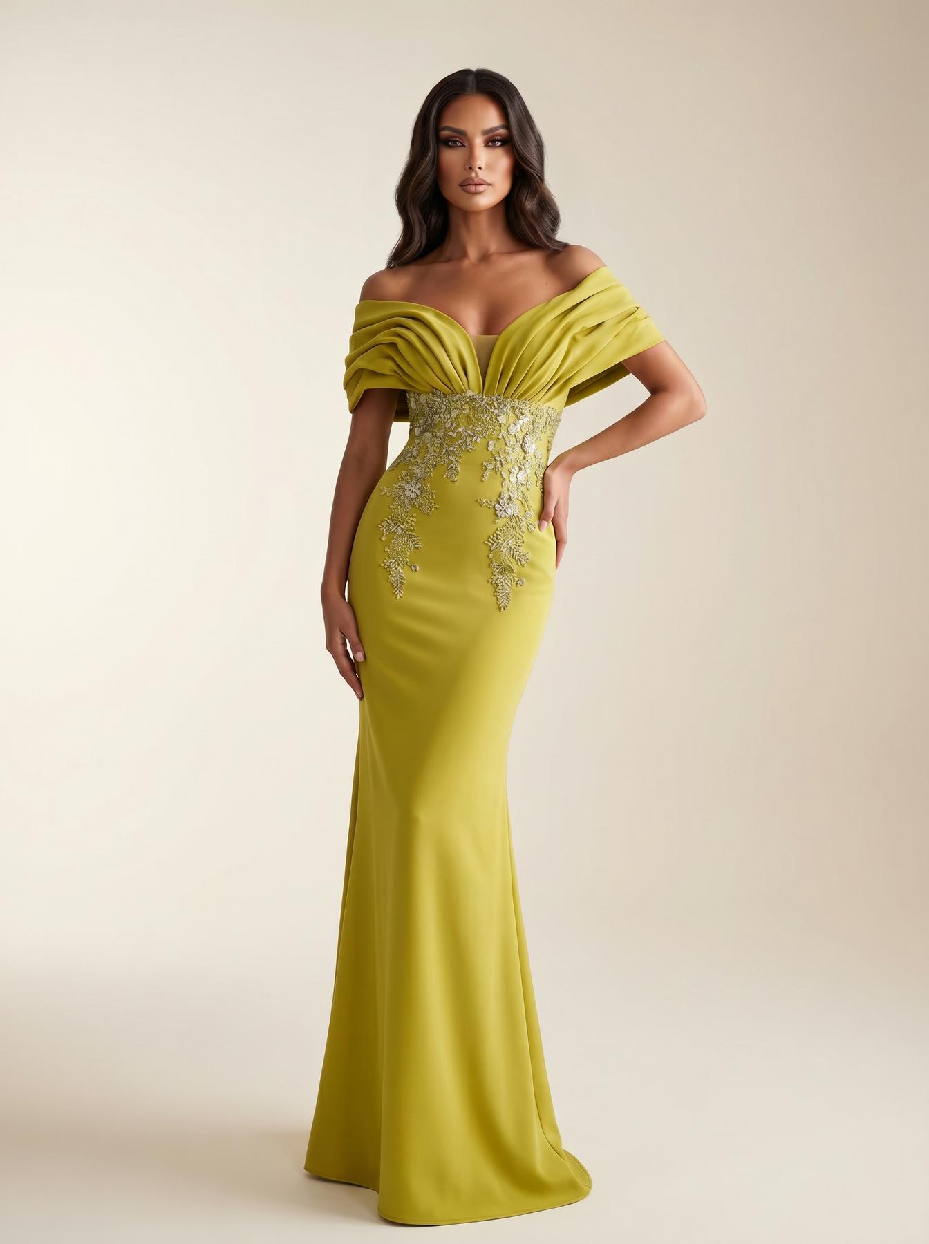 Off-the-Shoulder Floor-Length Crepe Formal Sheath/Column Modessa Couture 26732