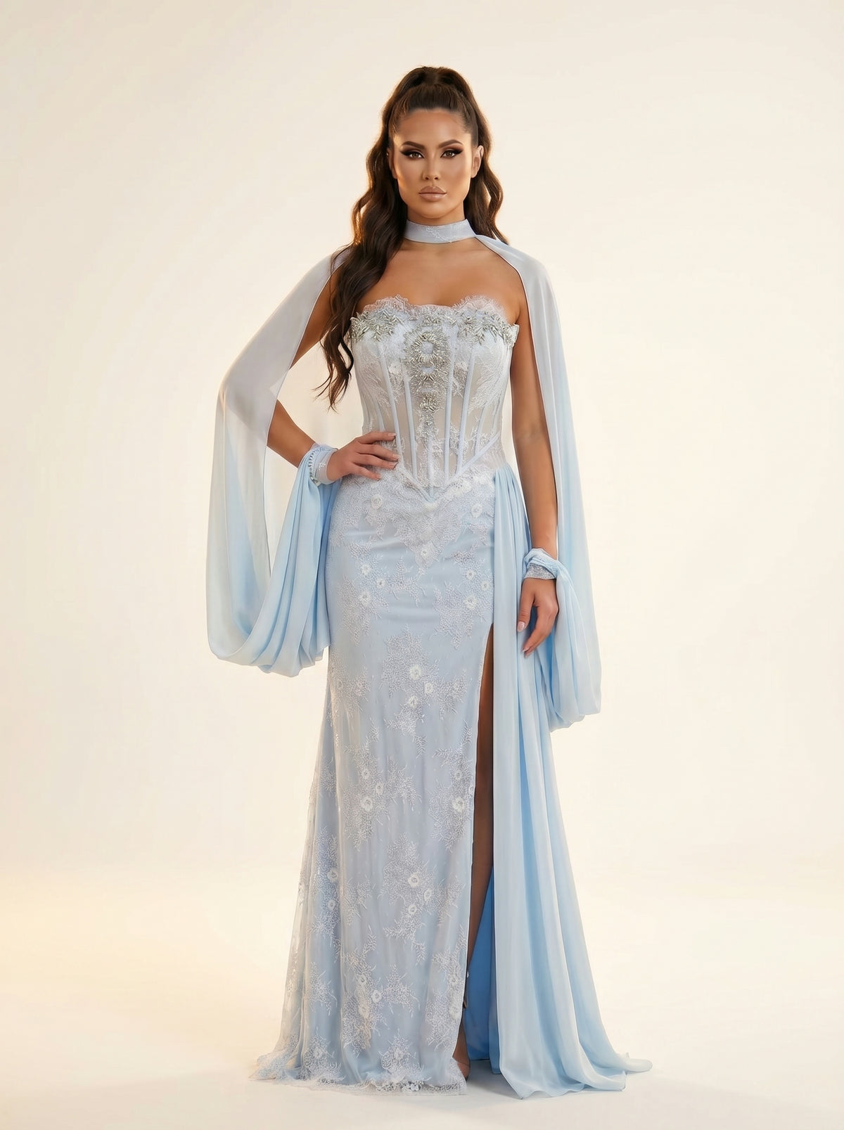 Strapless Sweetheart Corset Cape Floor-Length Lace Slit Formal Sheath Modessa Couture 26735