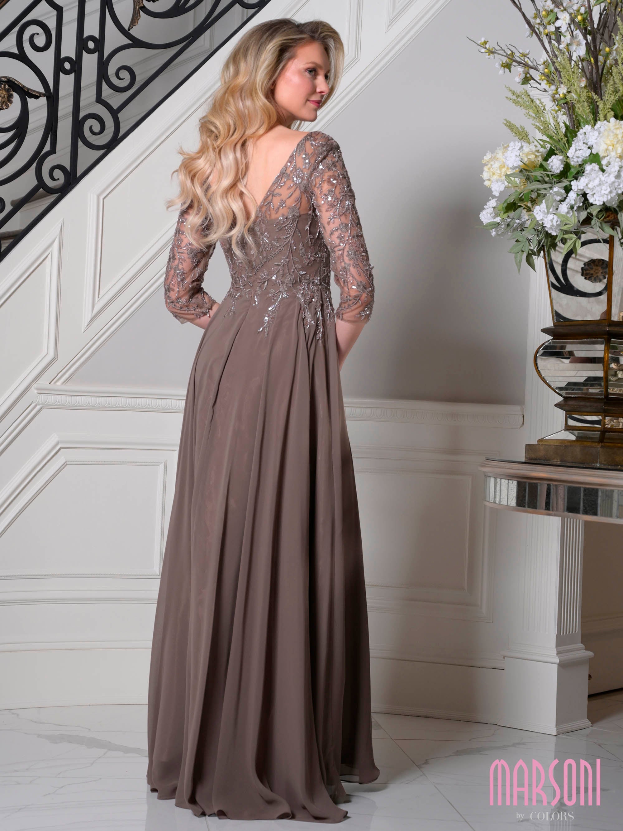 Dark Taupe Bateau Neck Floor-Length Chiffon Mother of the Bride Gown 3/4 Lace Sleeves Marsoni M340SL