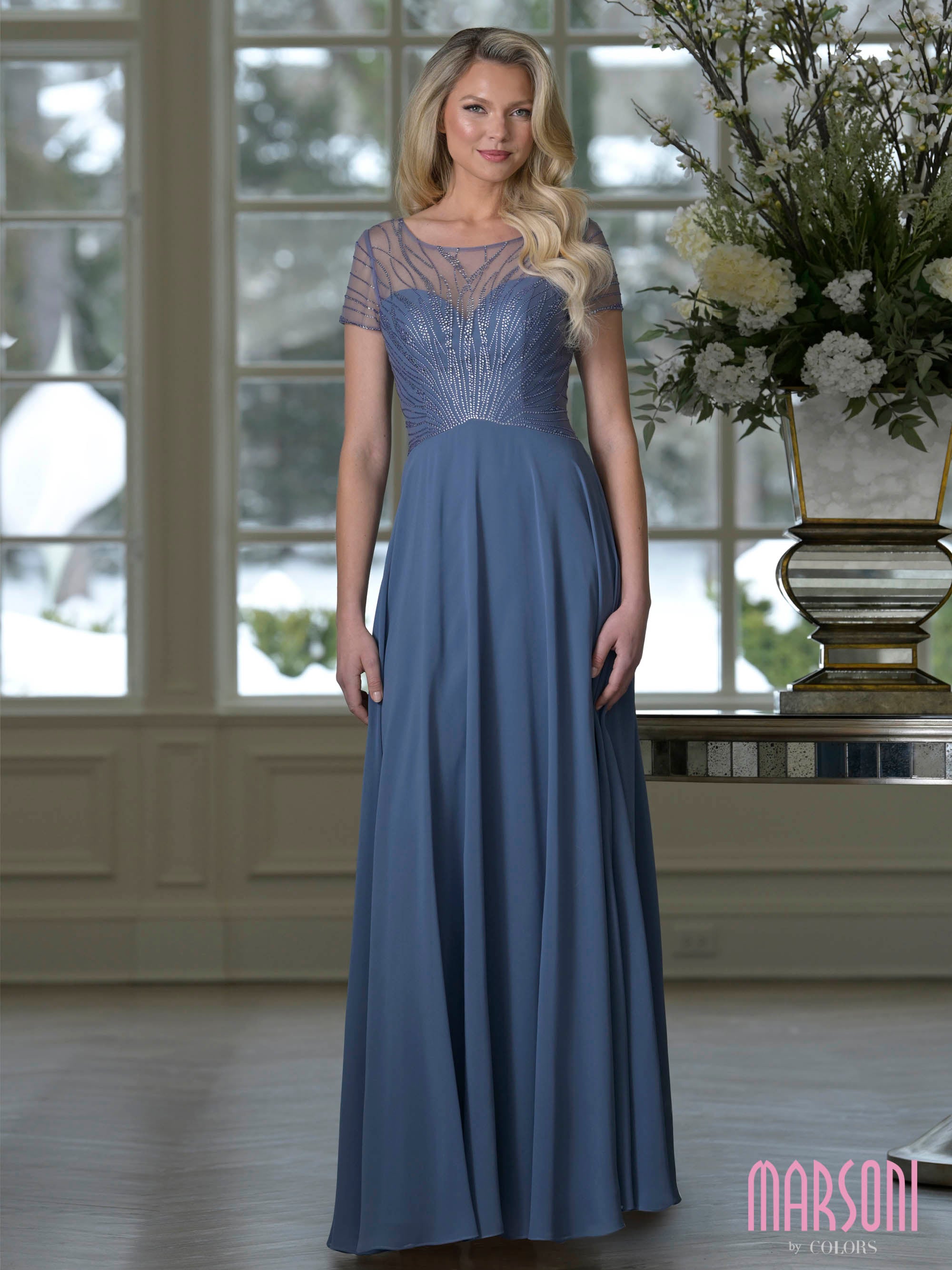 Slate Blue Illusion Bateau Floor-Length Chiffon Formal A-Line Dress Beaded Bodice Marsoni M351