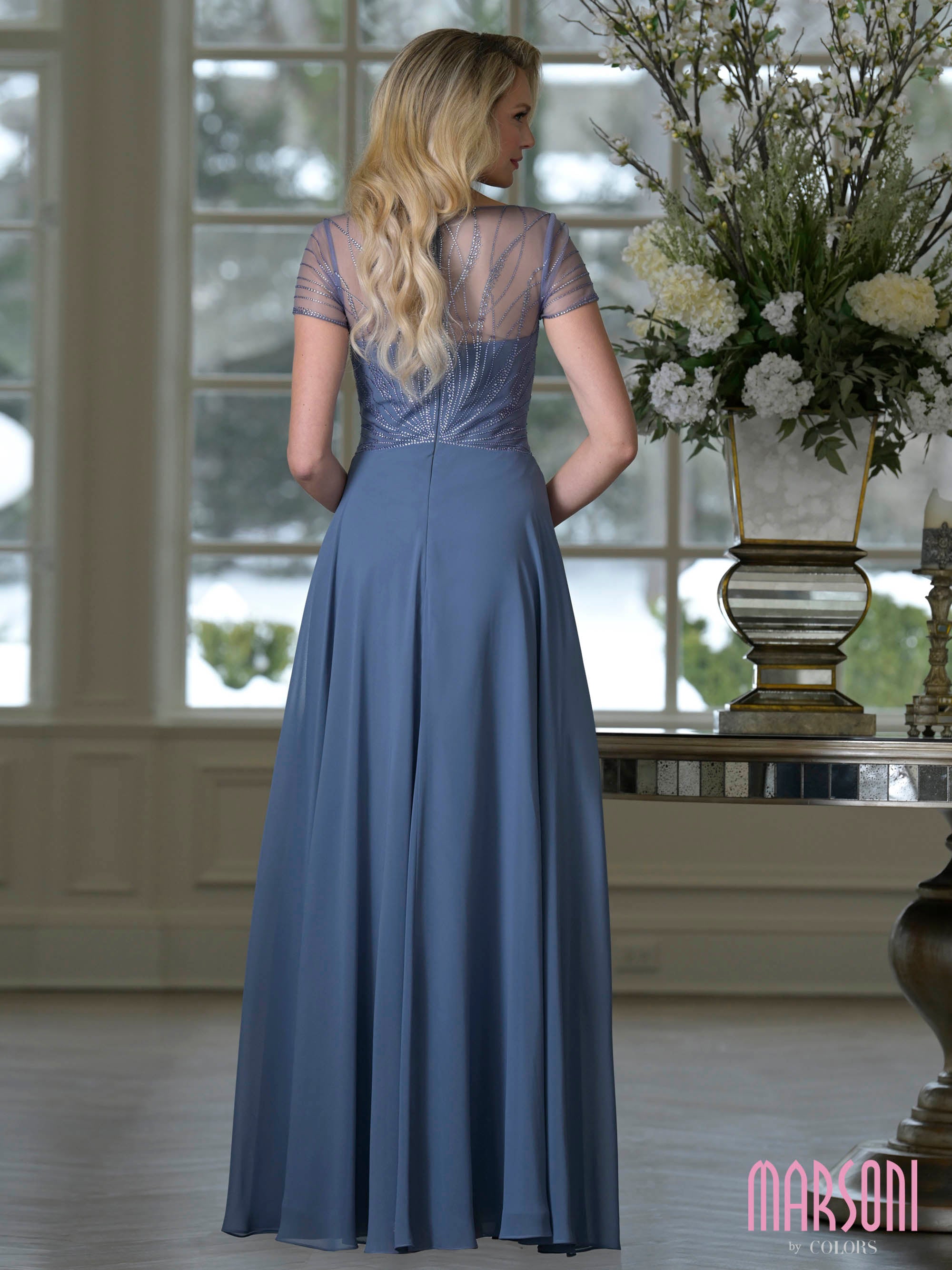 Slate Blue Illusion Bateau Floor-Length Chiffon Formal A-Line Dress Beaded Bodice Marsoni M351