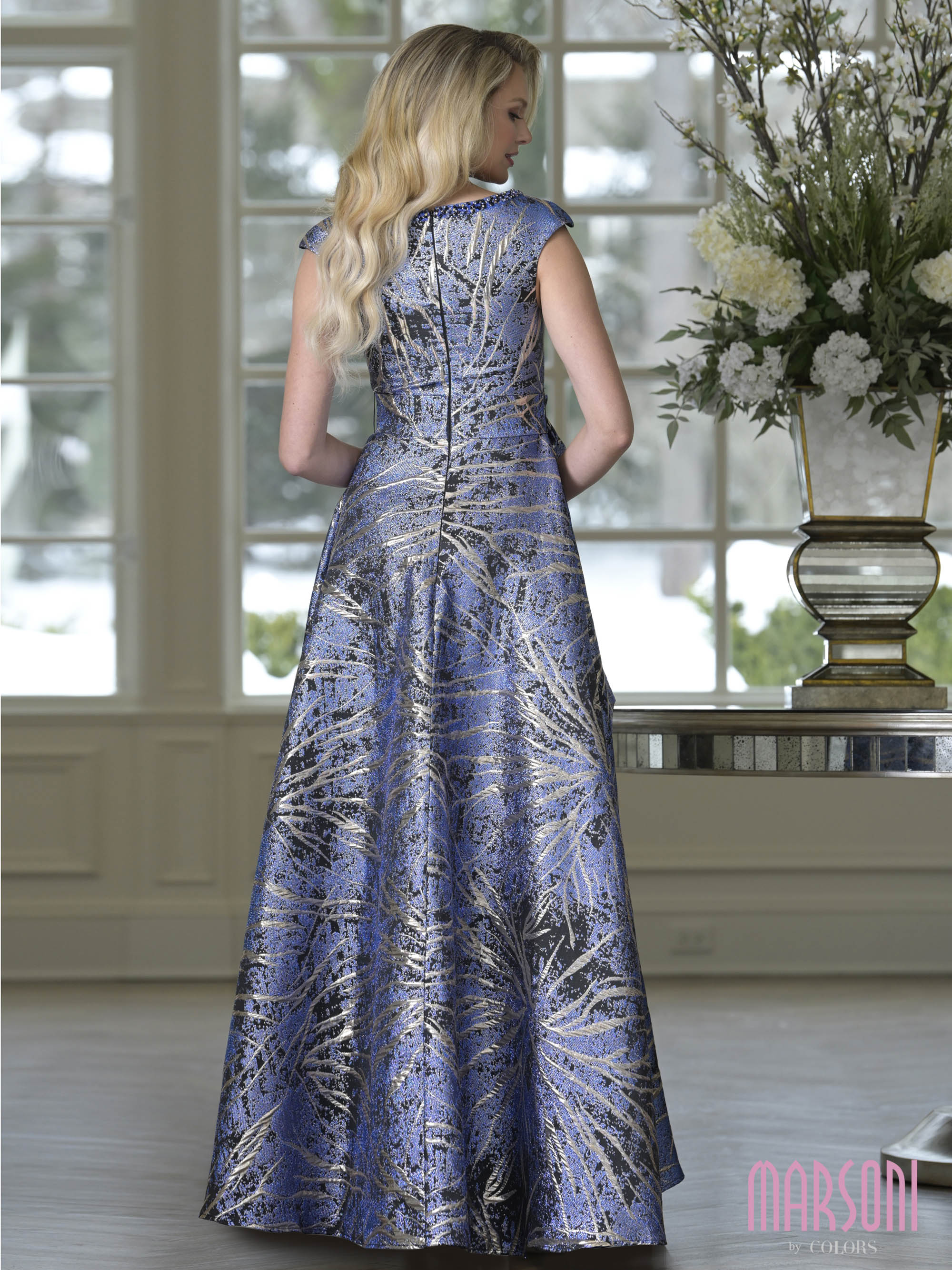Slate Marble Bateau Floor-Length Brocade Formal A-Line Ball Gown Metallic Pattern Marsoni M354